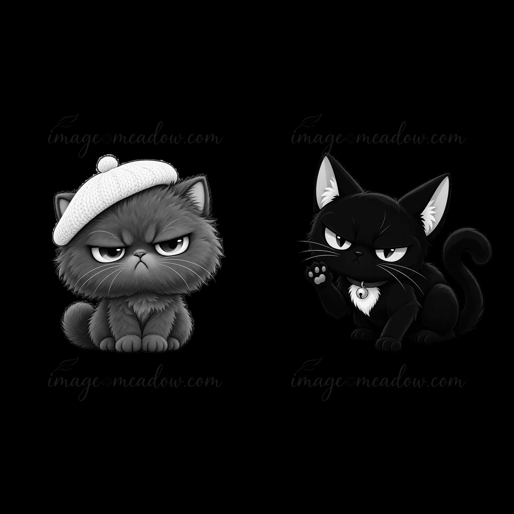Two grumpy cats sit close to each other. One has a beret and an unhappy expression. The other waves a paw, showing a similar grumpy look. Both are in black-and-