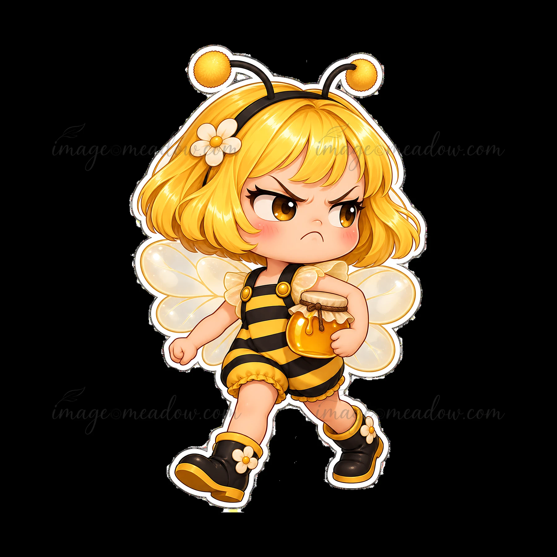 A grumpy fairy character dressed as a bee walks while holding a honey jar. The character has a yellow bob haircut, striped outfit, and flower accessories. The s