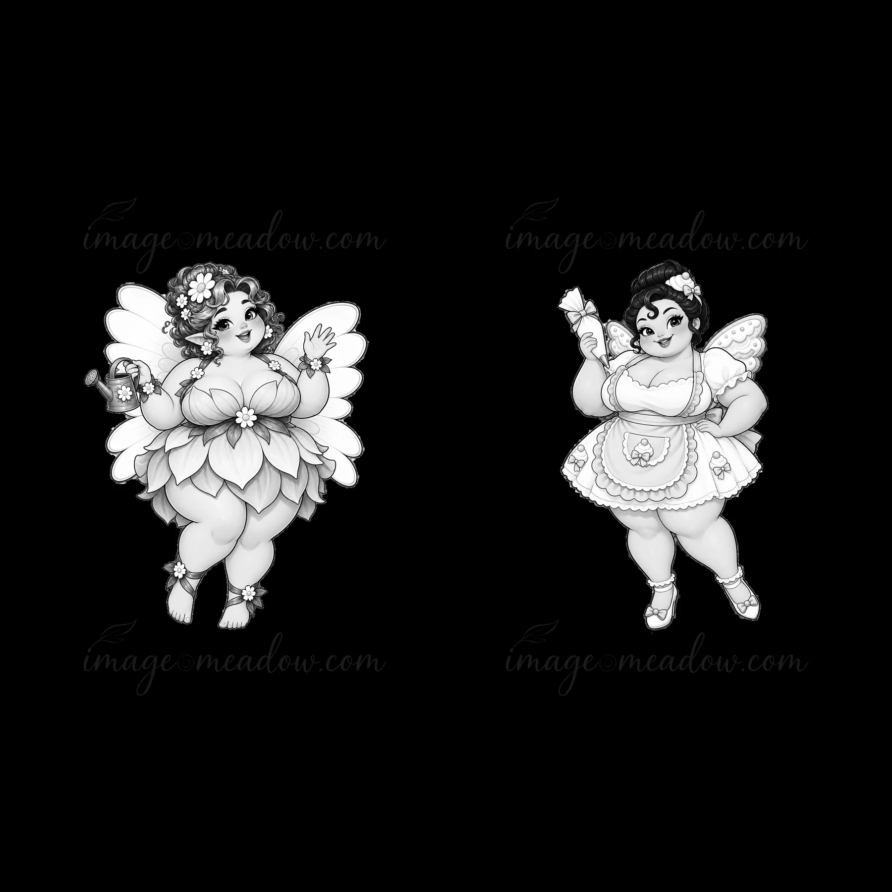 Two kawaii ultra-fat fairies stand together. The fairy on the left holds a flower and wears a floral dress. The fairy on the right has a wand and floral headban