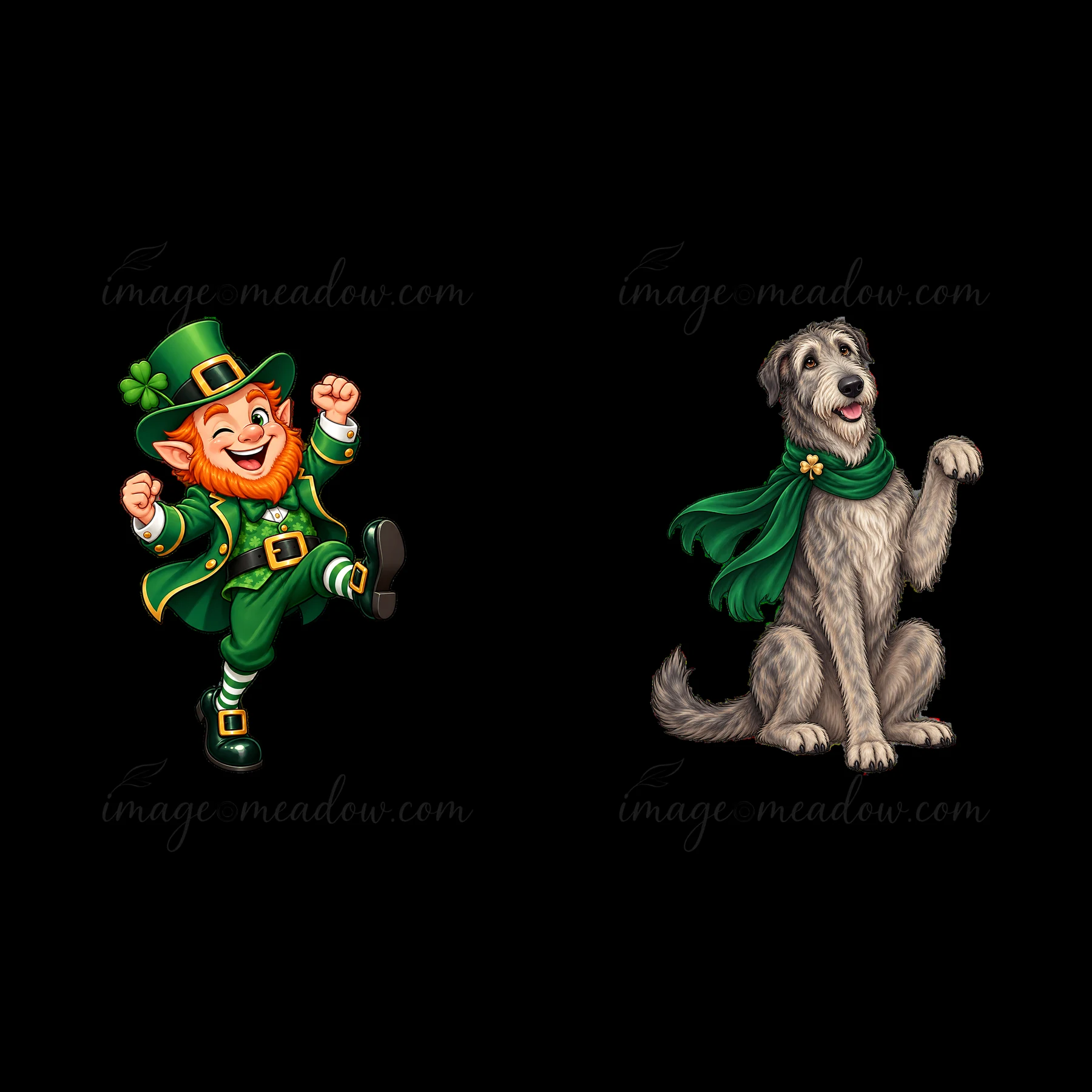 A cheerful leprechaun is dancing with joy while a seated dog wearing a green scarf raises its paw. This lively scene captures the festive spirit of St. Patrick'