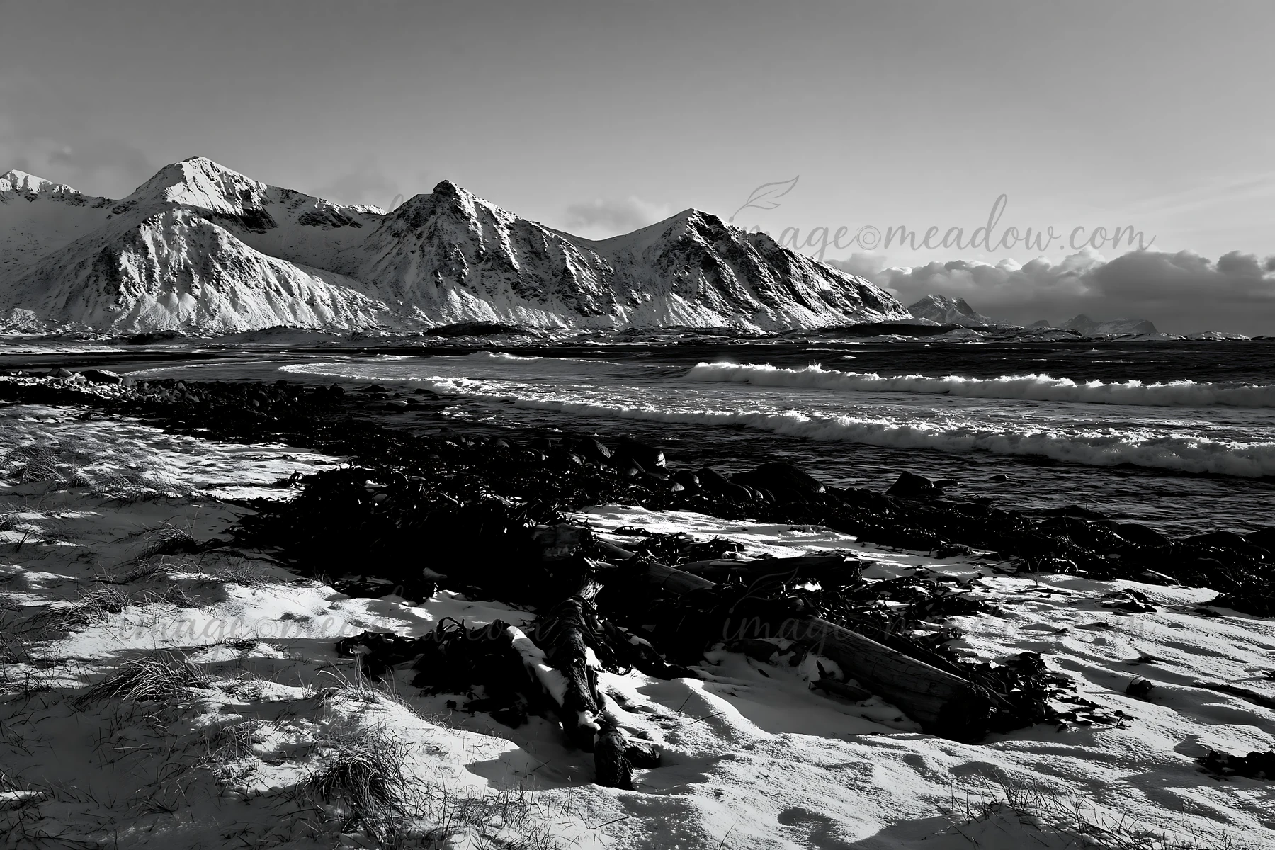 Snow covers the coastal meadow of Lofoten, Norway. The mountains rise in the background under a cloudy sky. Waves crash on the shore, creating a scenic winter l