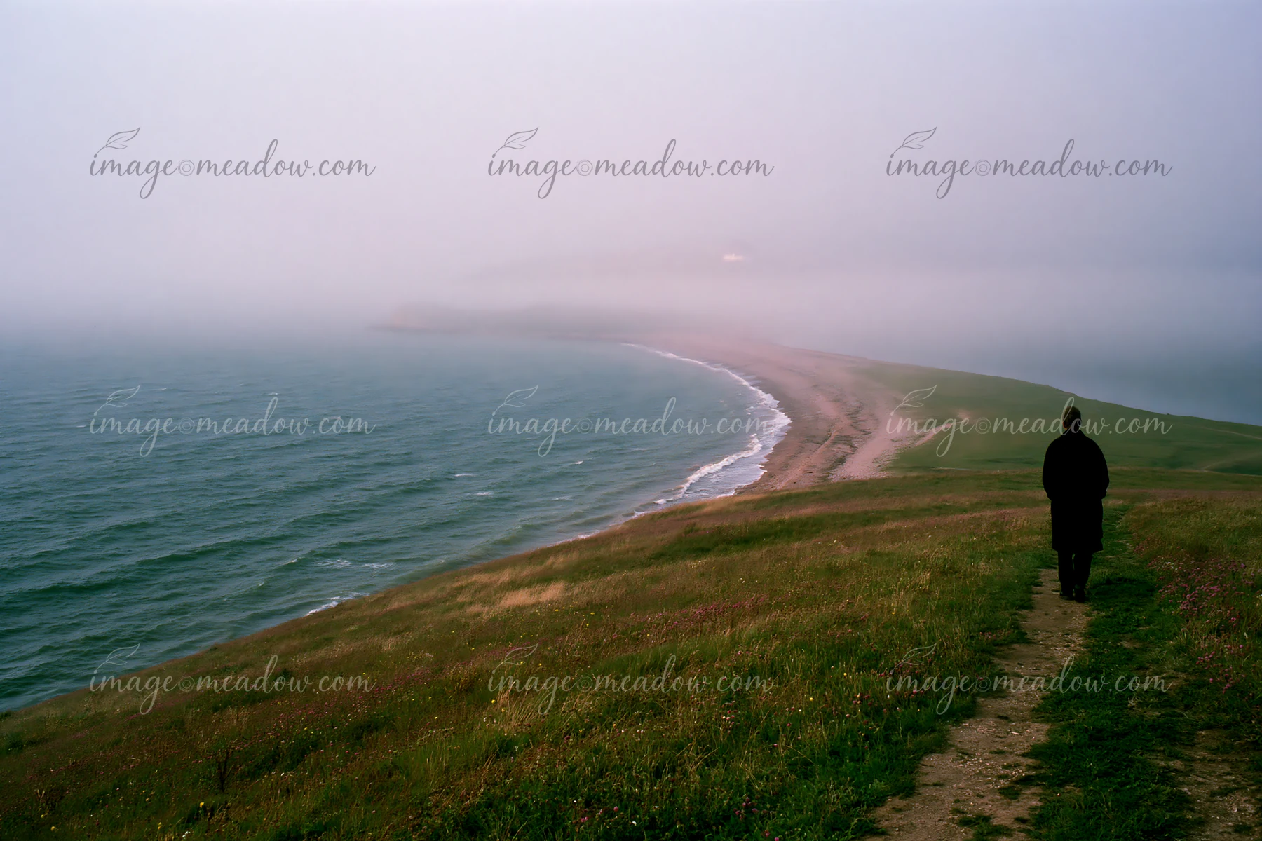 Lone person walking on a grassy coastal path beside a foggy sea and curving shoreline.