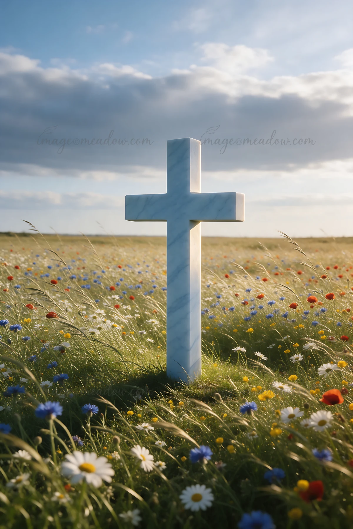A marble Christian cross stands in a meadow filled with wildflowers. The scene shows a bright sky with light clouds. This area appears open and untouched, invit