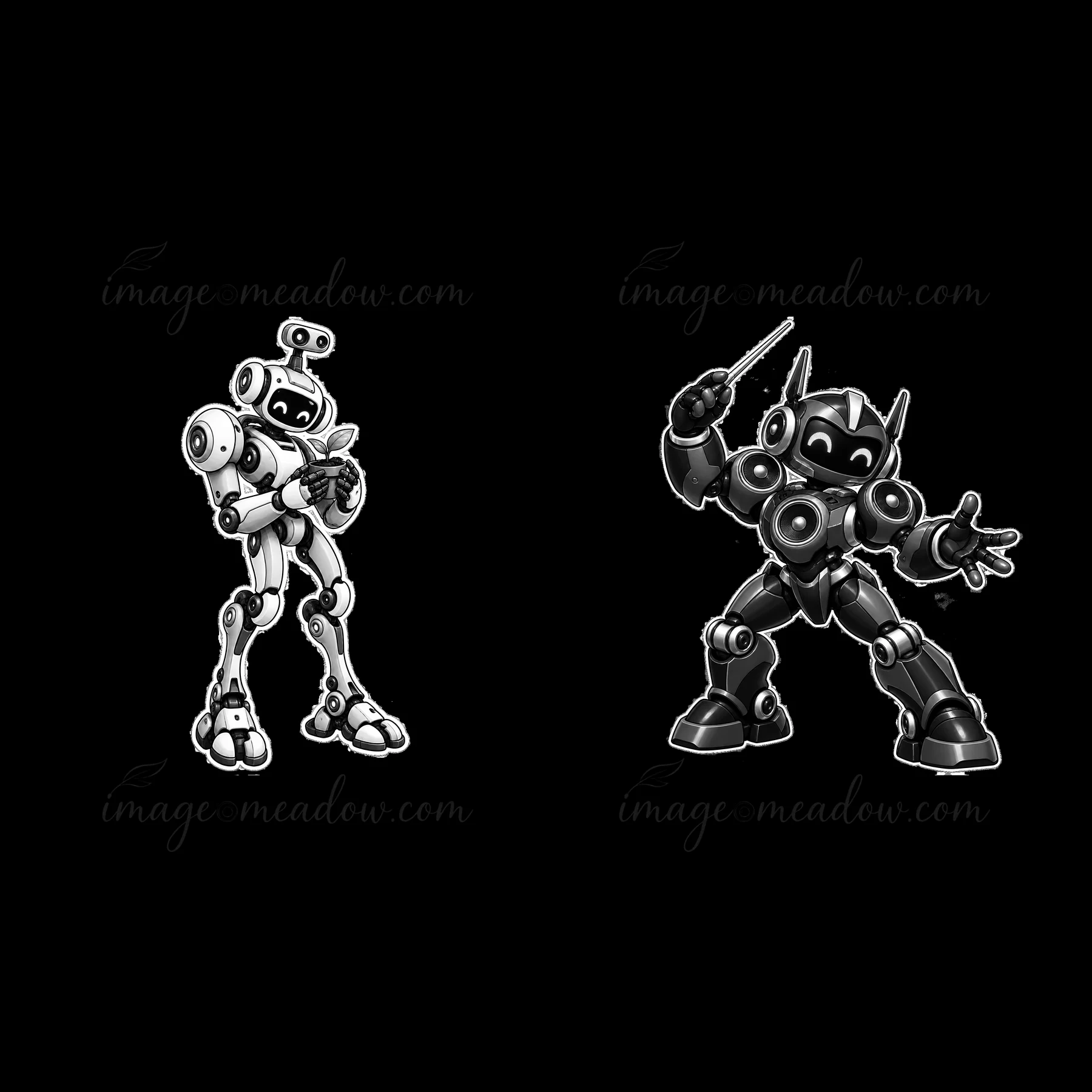 Two mech robots stand side by side, one holding a small object while the other gestures with a stick. They are illustrated in black and white, displaying unique