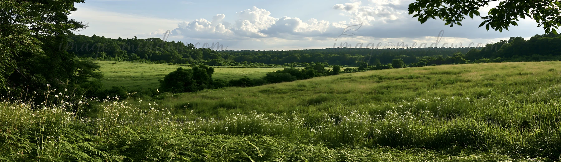 A wide view of a summer meadow in Nara with ferns in the foreground. The grass is bright green under a partly cloudy sky, showing an expansive natural setting.