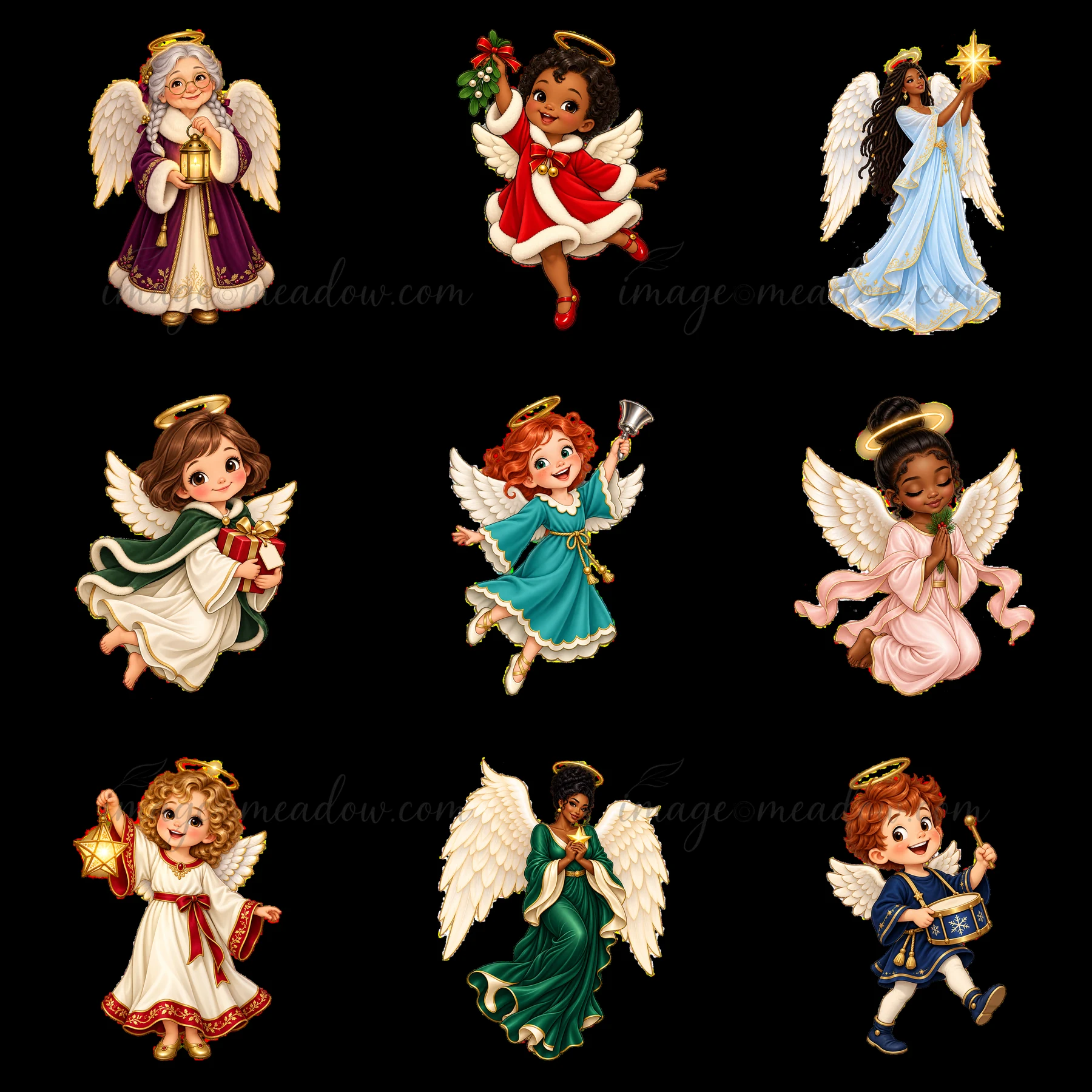 Nine cartoon angels appear in various colorful outfits, featuring activities such as holding gifts, playing instruments, and spreading cheer.
