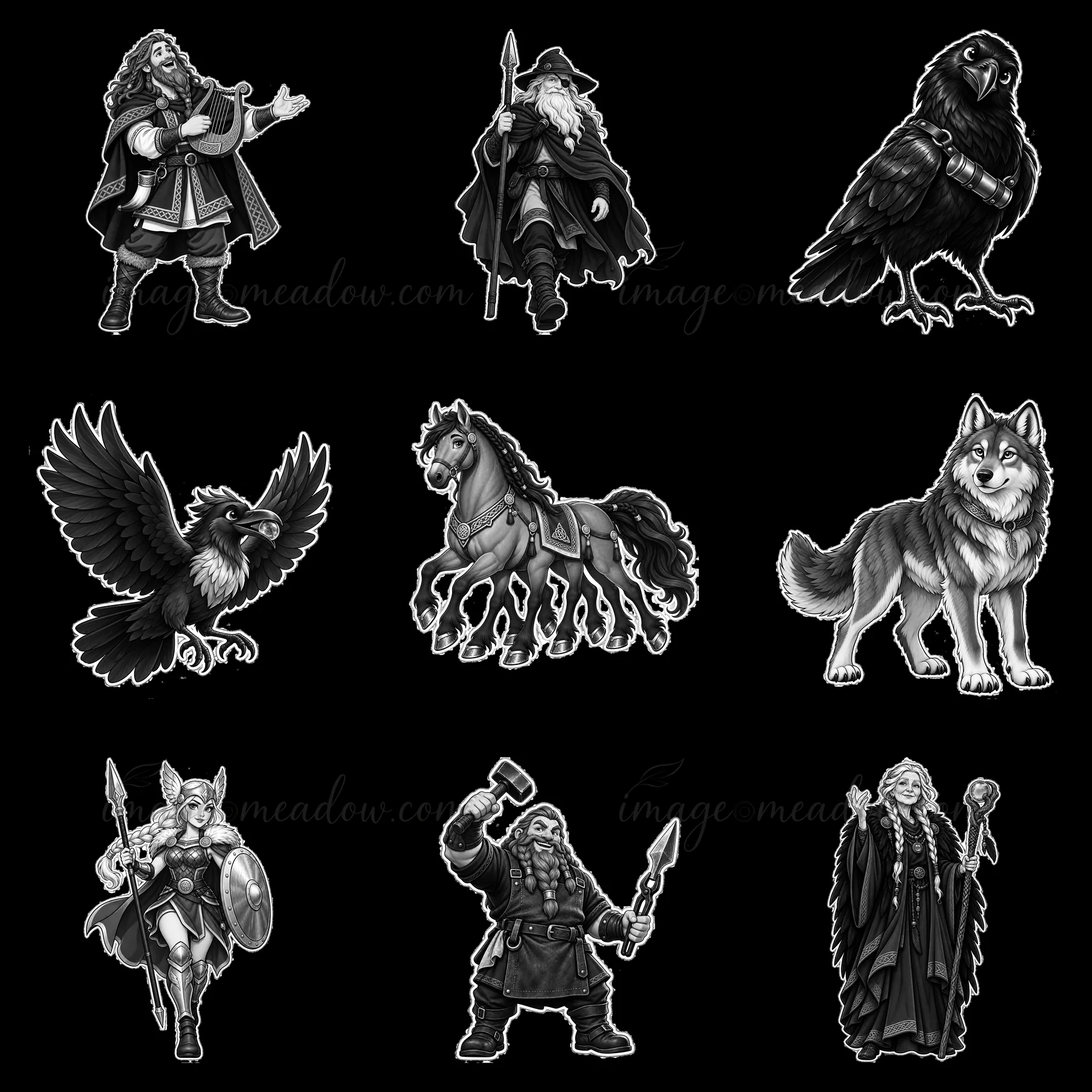 Odin stands central with a spear. Two ravens fly above him. A horse stands to the side. A wolf, a warrior with a shield, and a dwarf with a hammer complete the