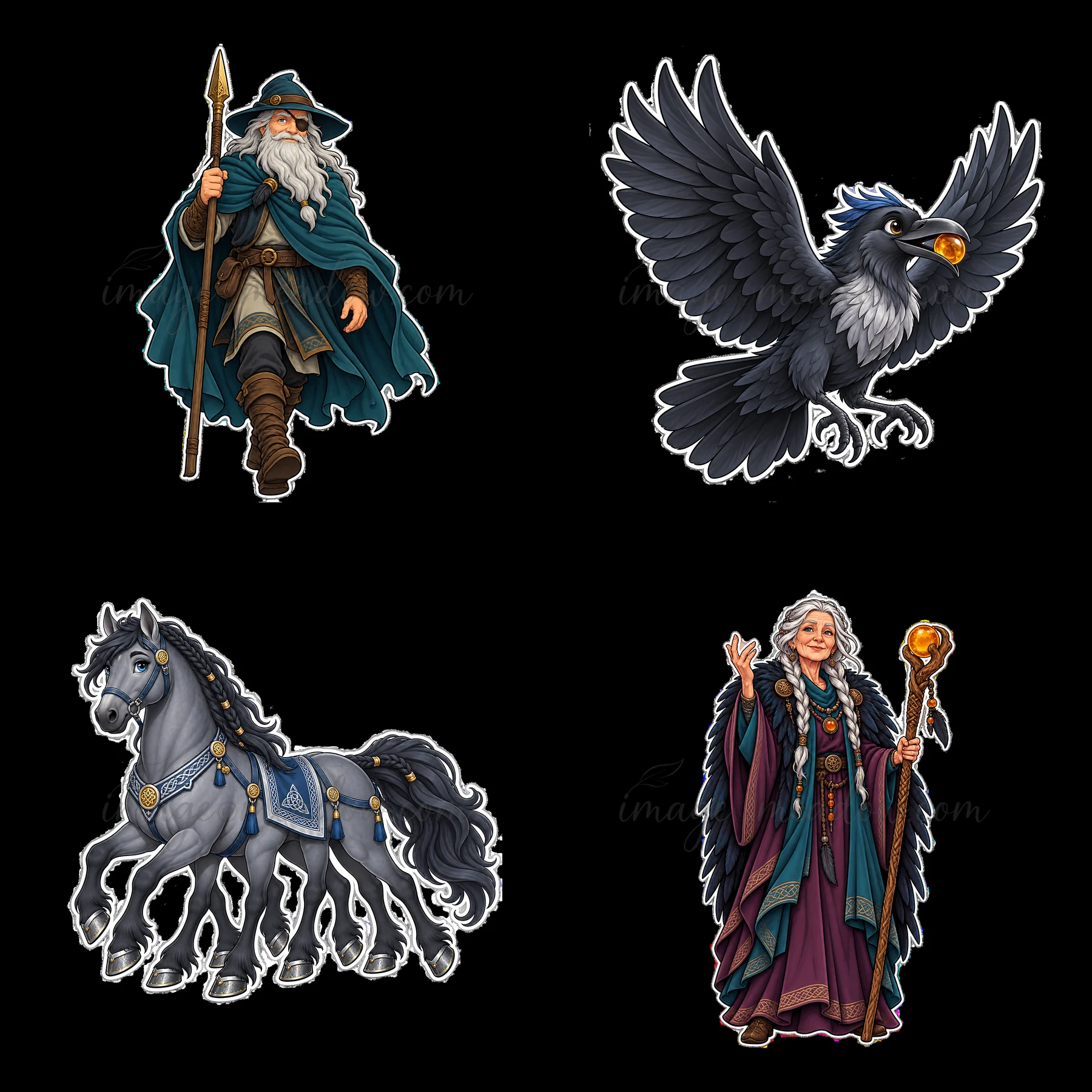 Odin, the Norse All-Father, walks with a staff. A raven flies beside him. A horse stands by Odin, and another wise figure holds a staff. The scene shows a magic