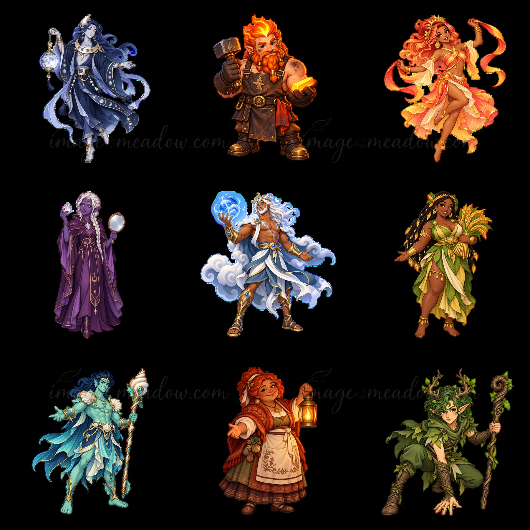 Nine cartoon stickers show different pagan gods and goddesses. Each character features unique colors and poses. The goddesses display various elements like fire