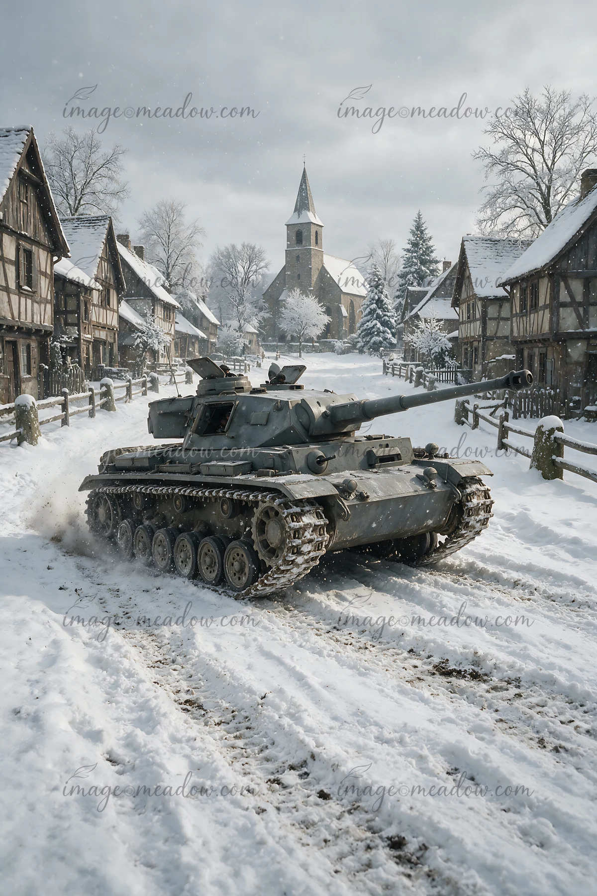 Panzer tank moves through a snowy village street with timber-framed houses and a church in falling snow.