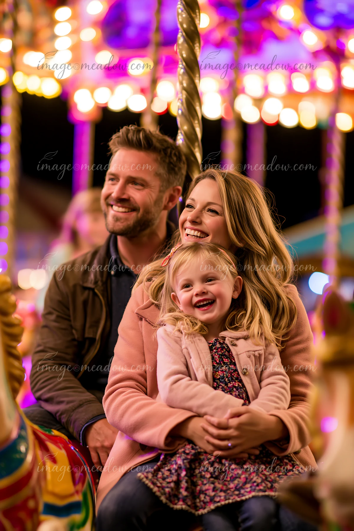 Parents and children enjoy their time together on a brightly lit carousel at a fairground.