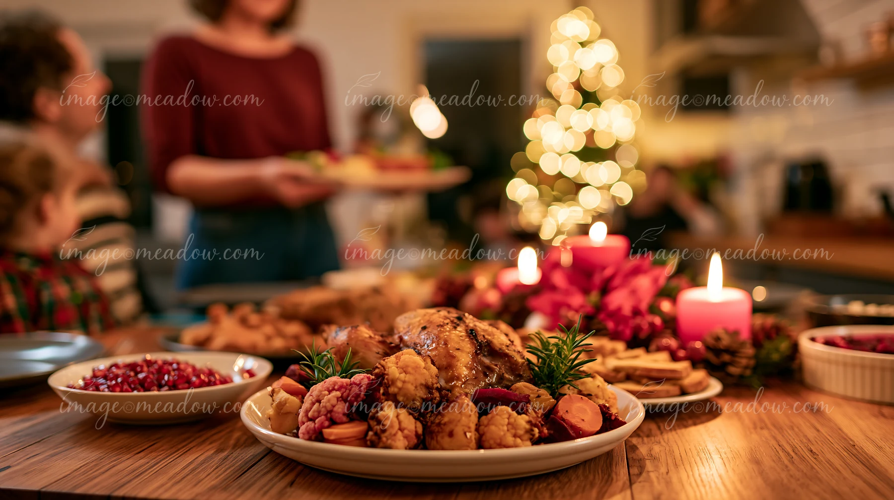 Parents serve Christmas dinner at a cozy home setting filled with decorations.