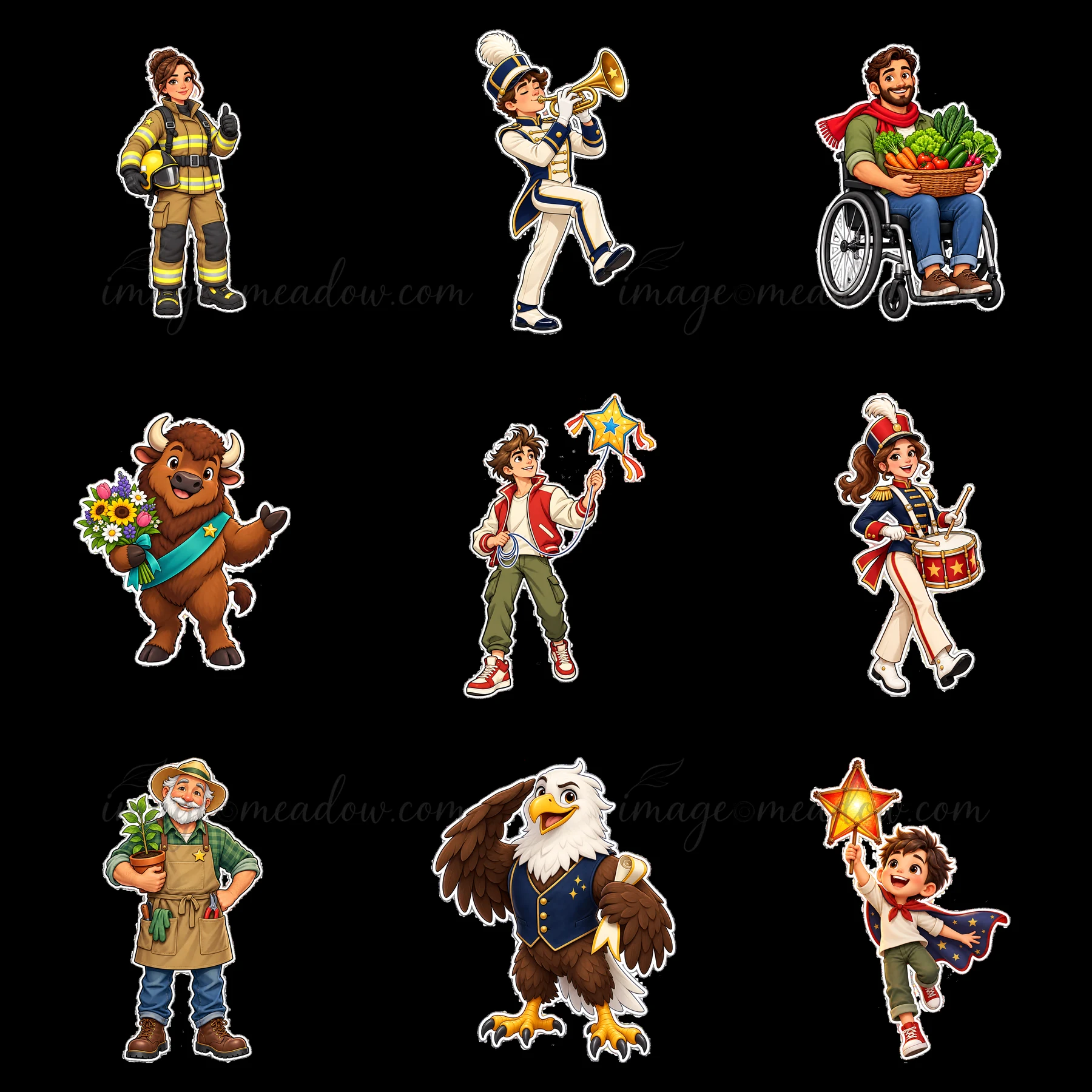 A group of diverse characters shows support for patriotism in various roles. Each character is engaged in different activities that showcase community spirit, p