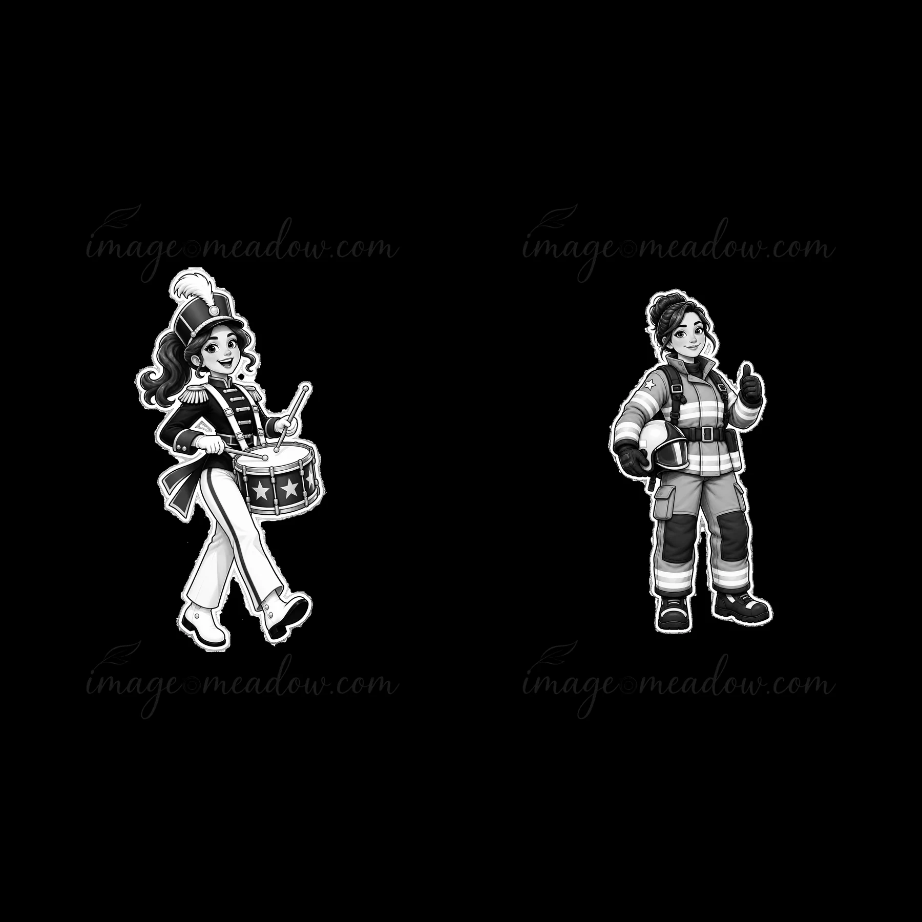 This illustration features two cartoon characters: a drum player in a patriotic outfit and a firefighter giving a thumbs-up. They represent bravery and festive
