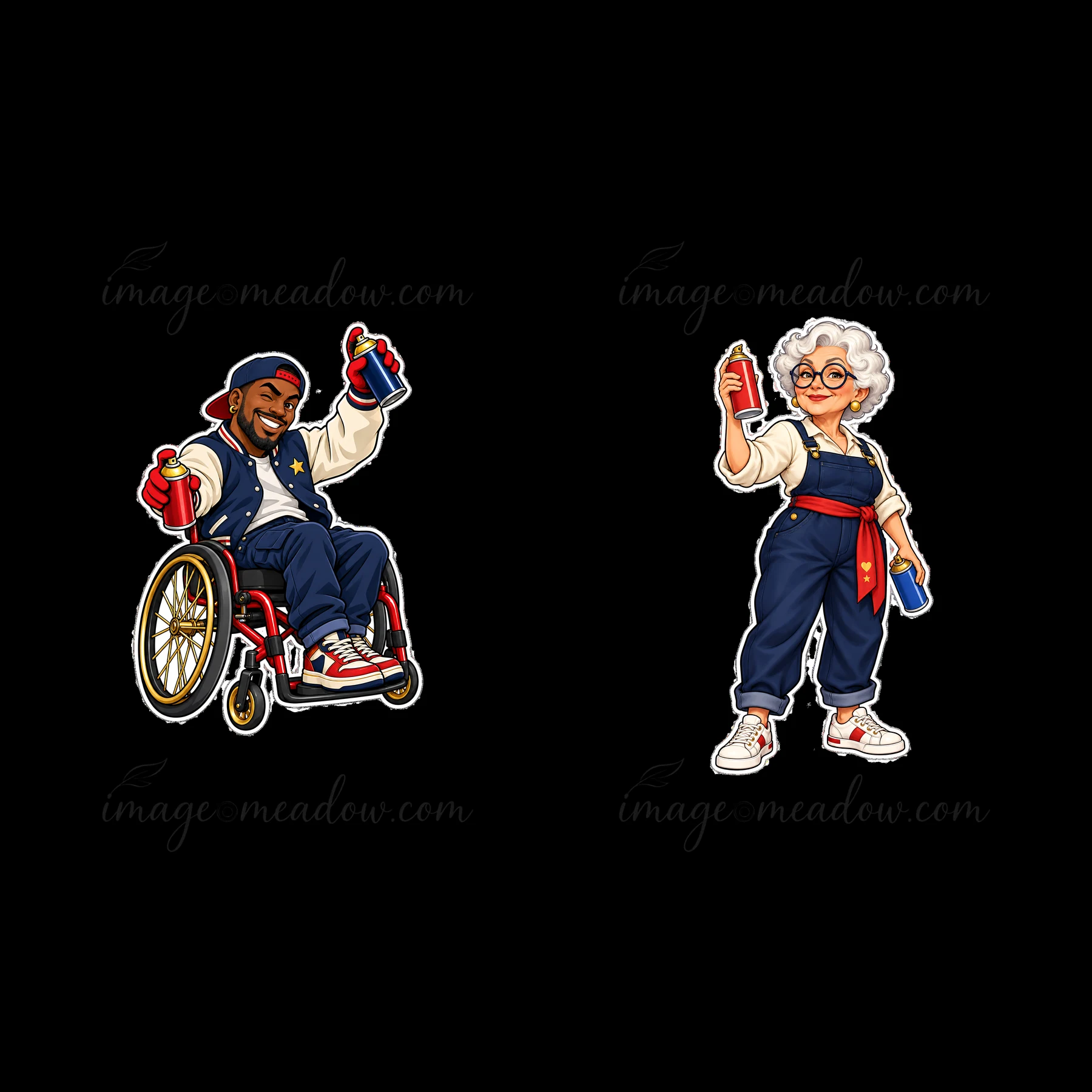 A man in a wheelchair and an elderly woman hold spray cans, celebrating patriotism. They wear matching blue outfits and showcase their creativity in a vibrant s