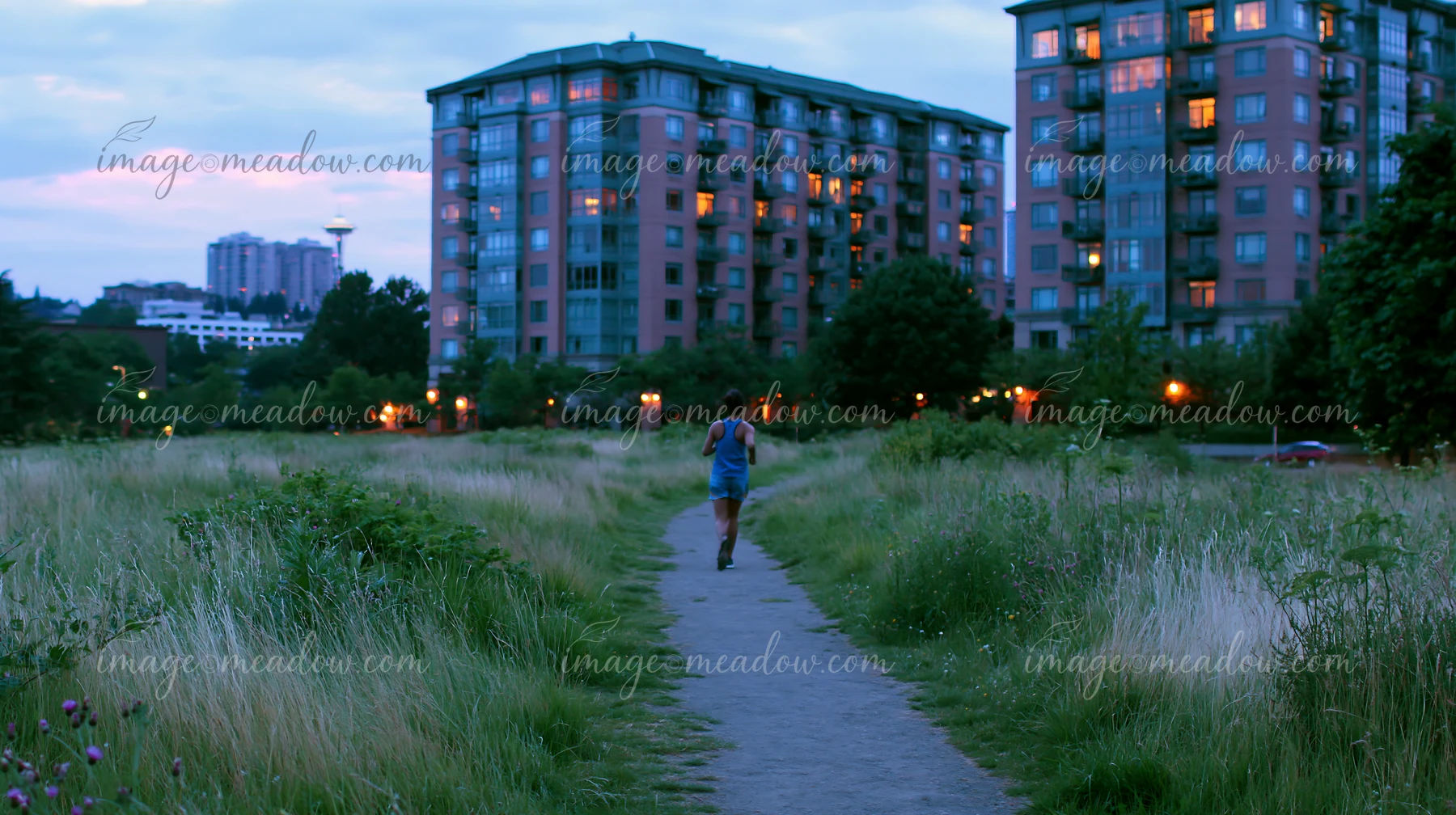 Person walking along a path through an urban meadow with apartment buildings at dusk.