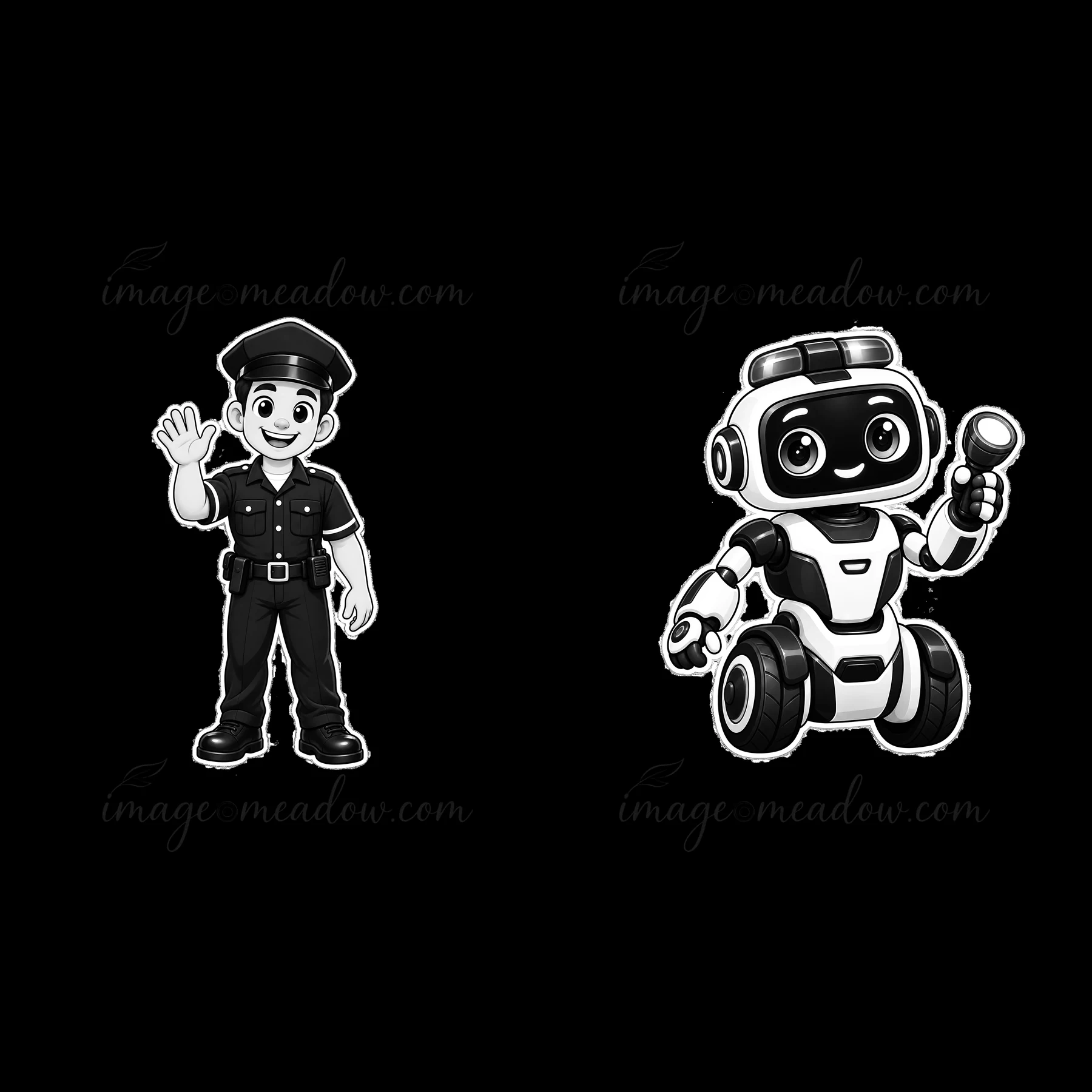 A police officer character waves with a friendly smile, dressed in a traditional uniform. Beside him, a cartoon robot stands with a flashlight, showcasing a mod
