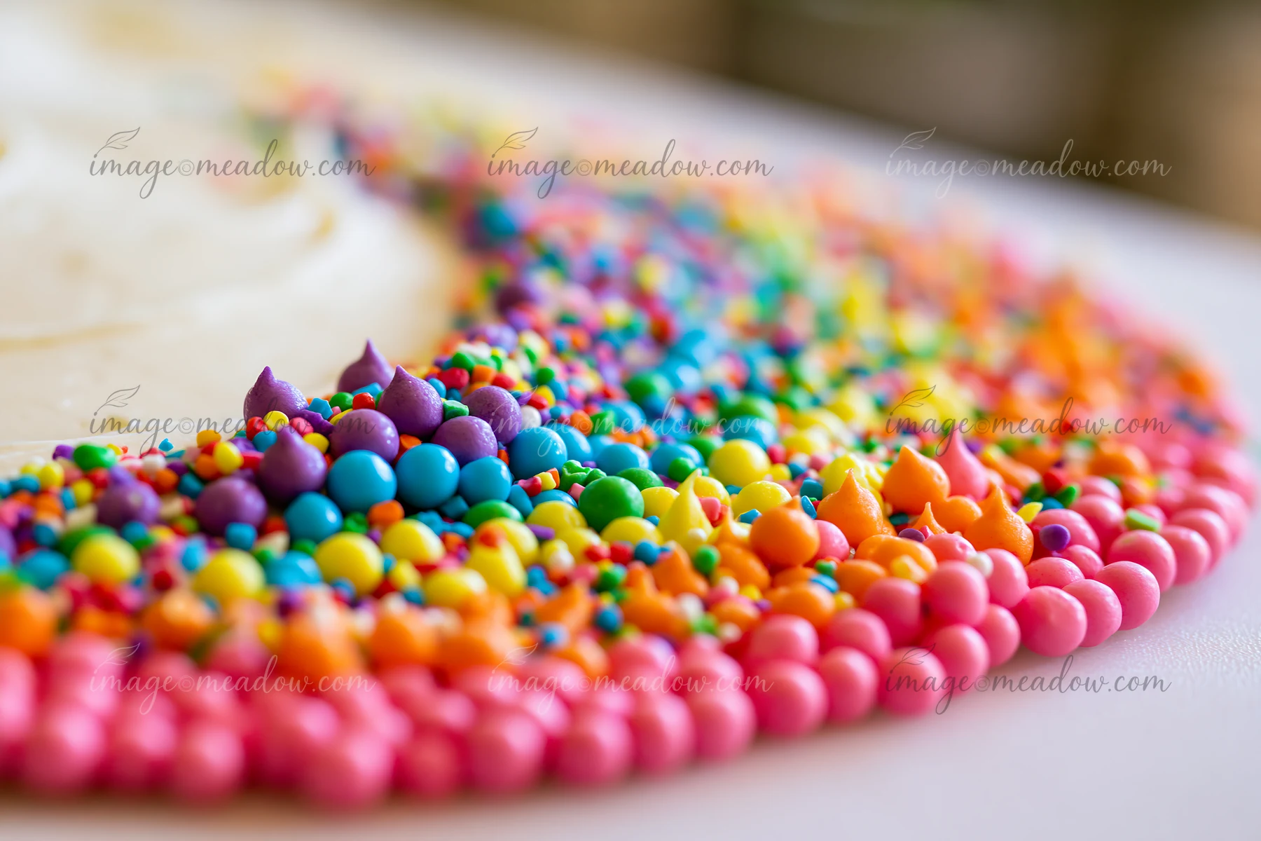 Rainbow sprinkles arranged in a swirl decorate the edge of a dessert.