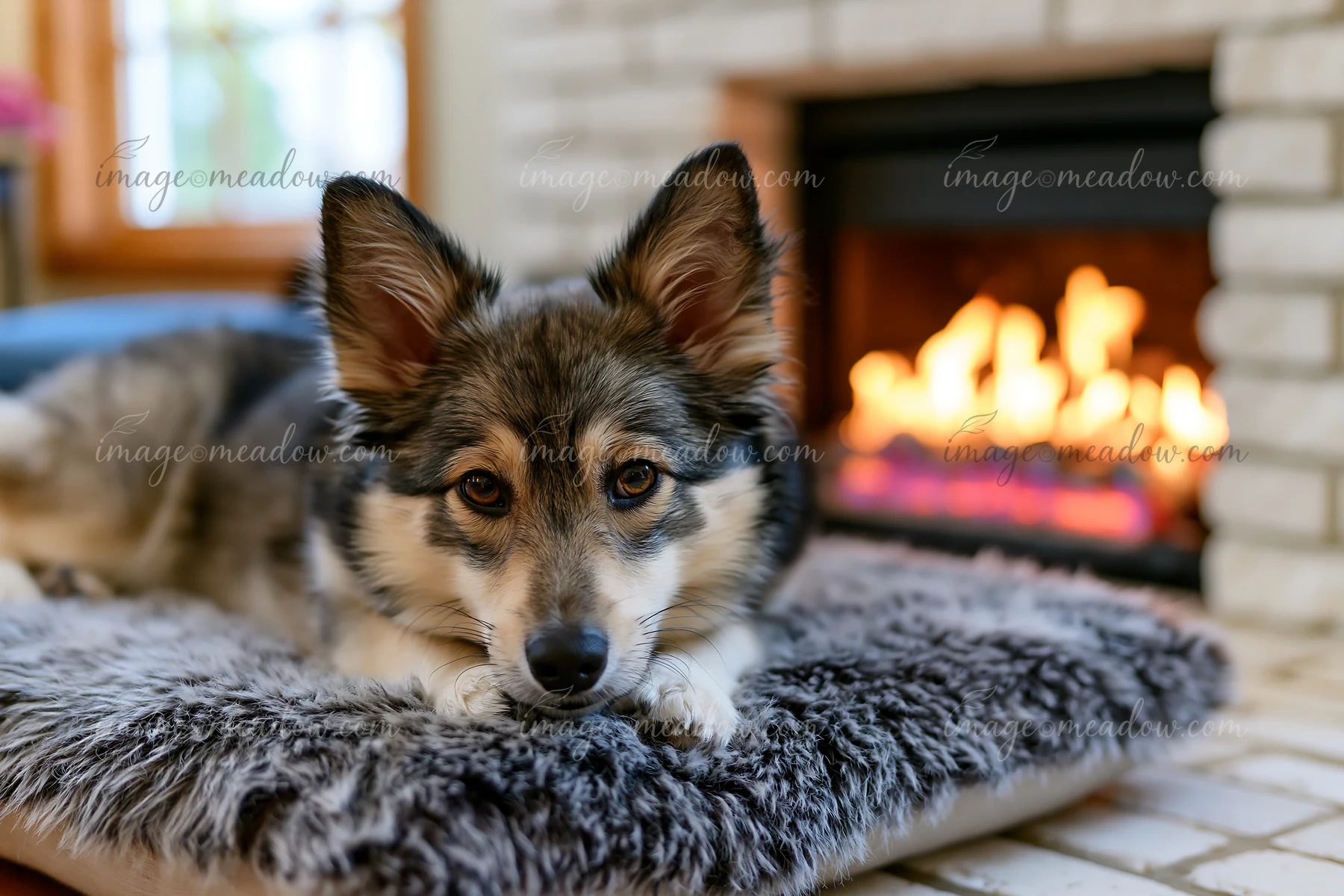 Rare dog breed resting on a fluffy blanket beside a glowing fireplace indoors.