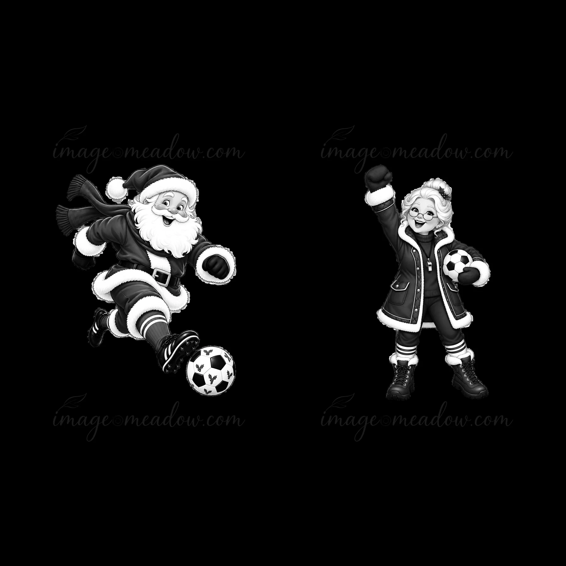 Santa runs with a soccer ball on a snowy field. A girl wearing a coat and boots cheers, holding a soccer ball in one hand. The scene captures a festive sports t