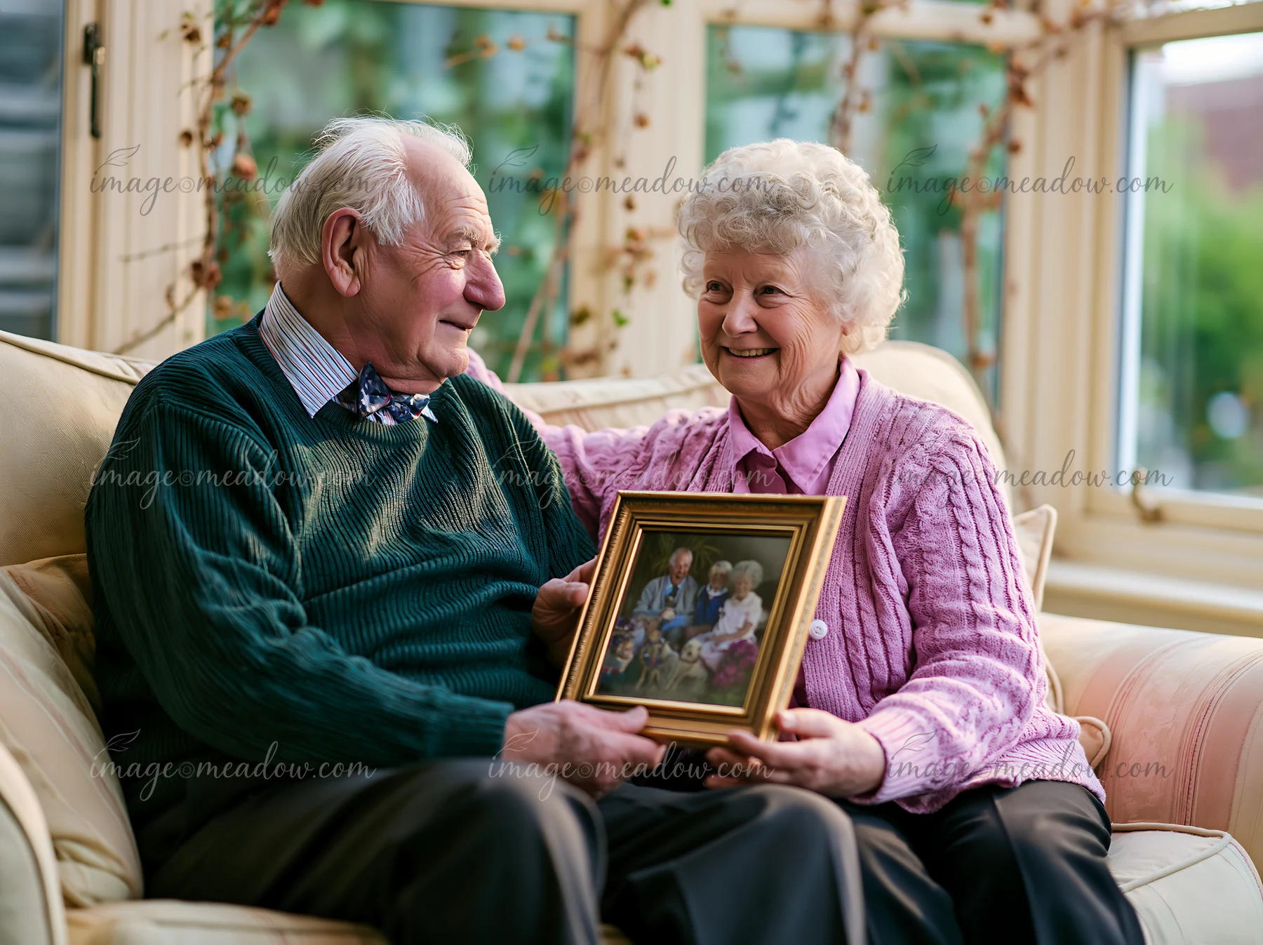 Senior couple smiles together on a sofa while holding a framed family photograph in a bright conservatory.