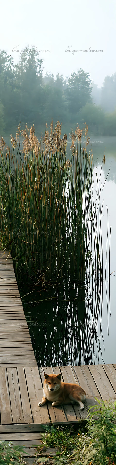 Shiba Inu rests on a wooden deck beside a misty pond, with tall reeds and calm water nearby.