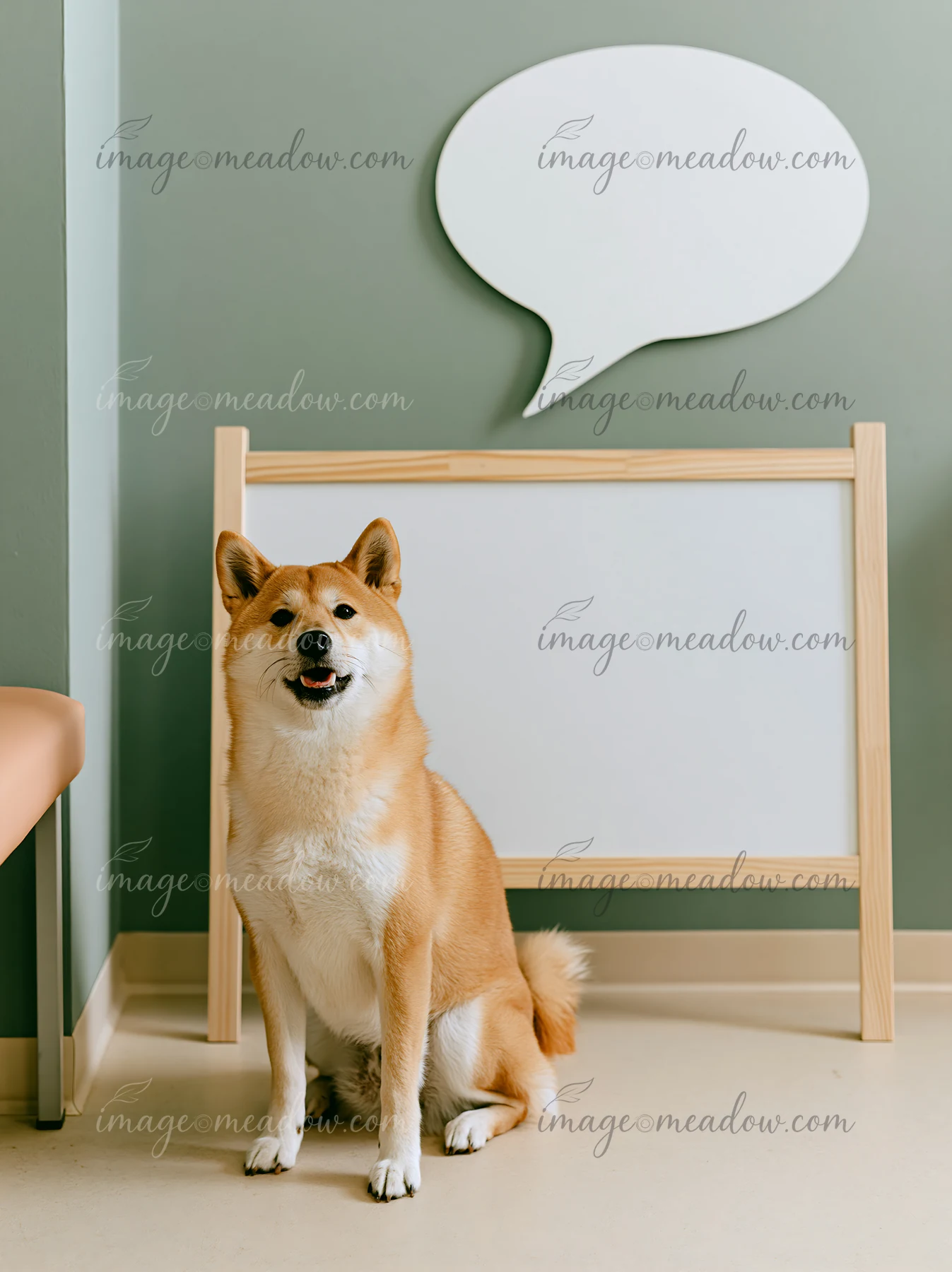 Shiba inu sitting beside a blank speech bubble board indoors against a muted green wall.