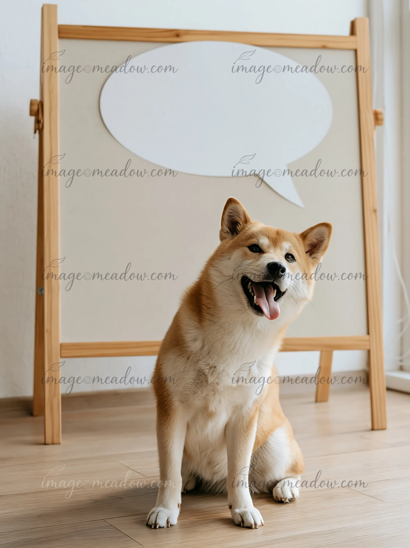 Shiba Inu sitting on a wooden floor beside an empty speech bubble board indoors.
