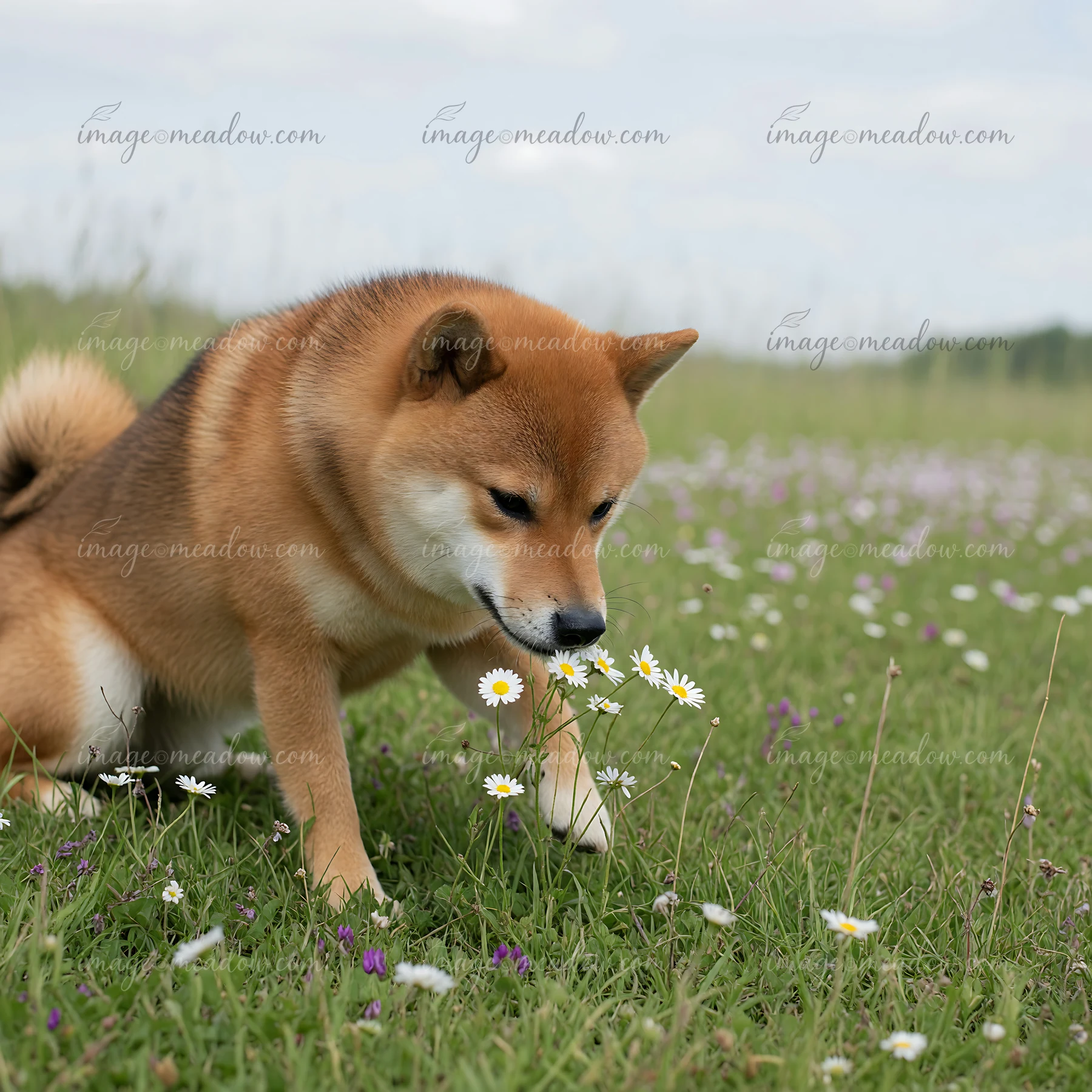 Shiba Inu sniffing white daisies in a green spring meadow beneath a pale blue sky.