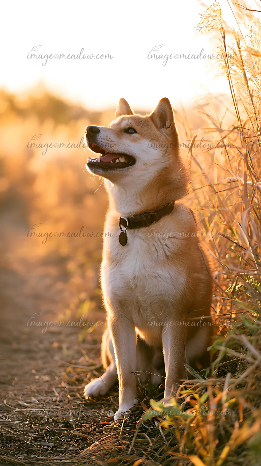 Shiba Inu standing among tall grasses on a natural path in warm golden hour light.