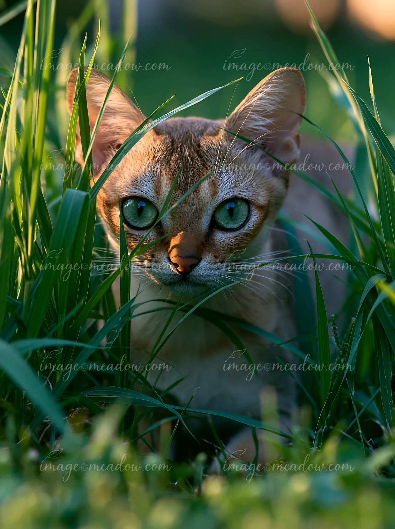 Singapura cat looking directly through tall green grass in warm natural light.