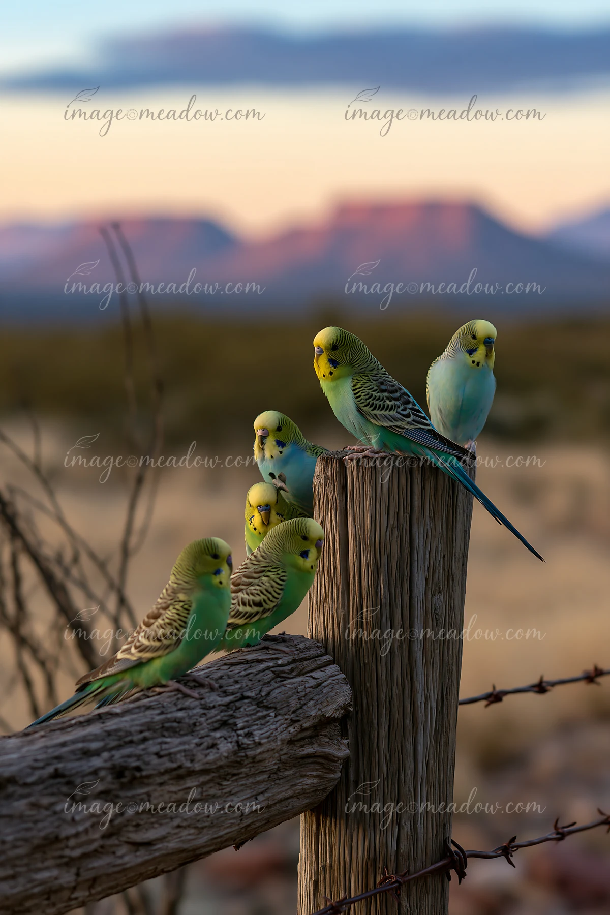 Six colorful budgerigars perch on weathered fence posts against a softly blurred desert mountain landscape.