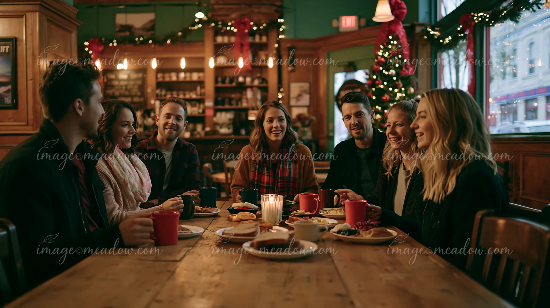 Six friends share coffee and pastries around a wooden table in a warmly decorated festive coffee shop.