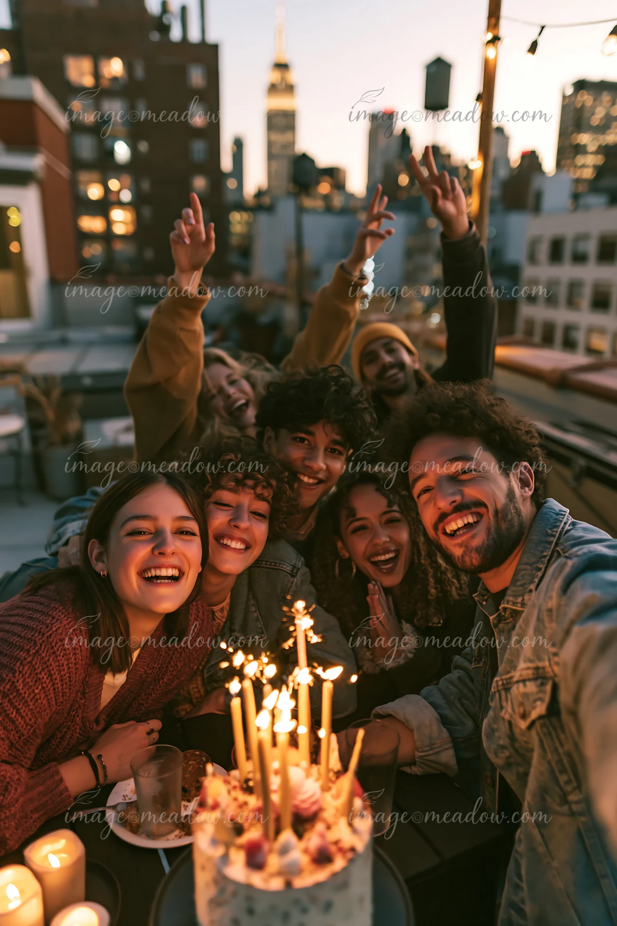 Six smiling friends celebrate around a candlelit birthday cake on a city terrace at sunset.