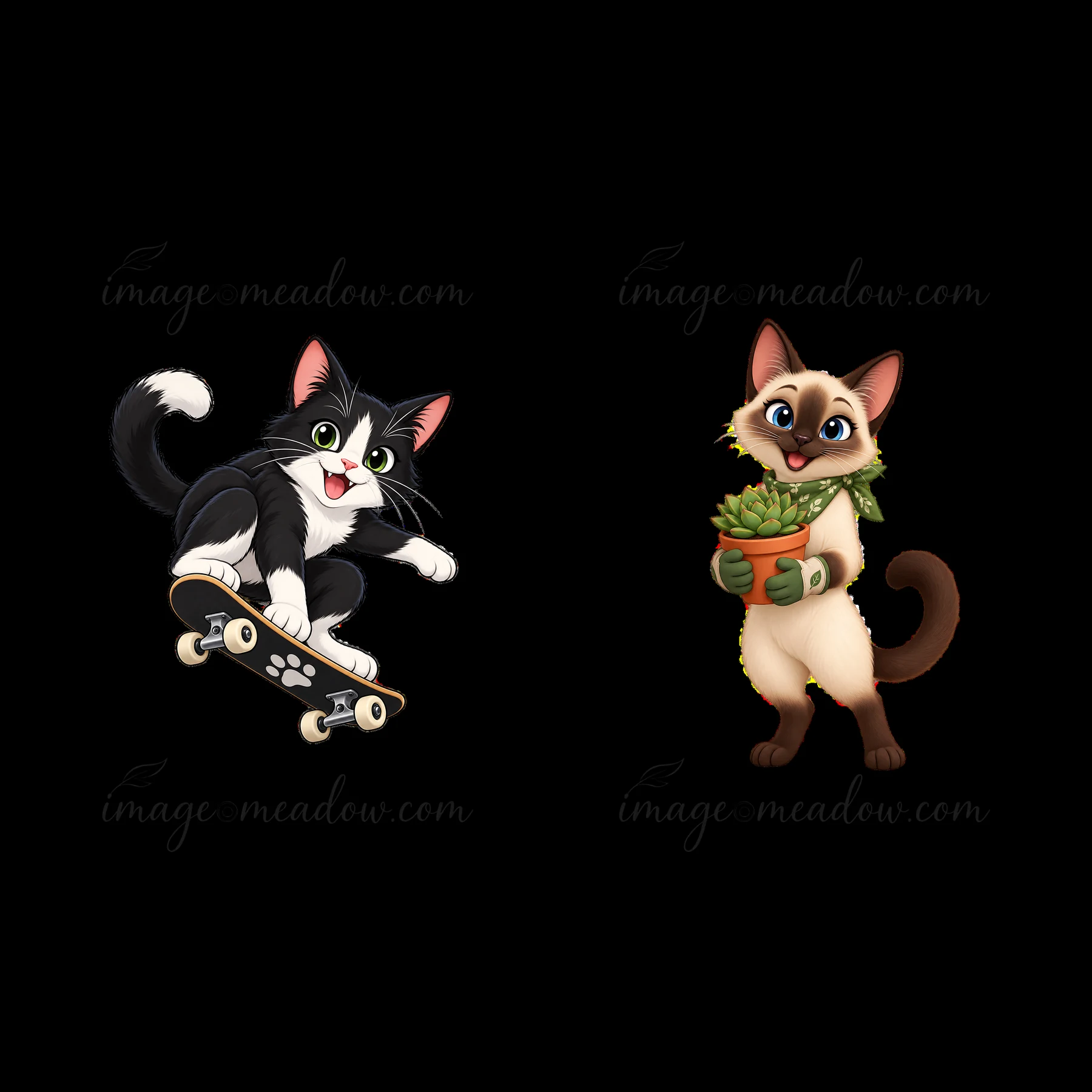 A black and white cat skateboards while smiling. Beside it, a brown cat holds a potted plant, showing a friendly stance. Both characters have distinct expressio