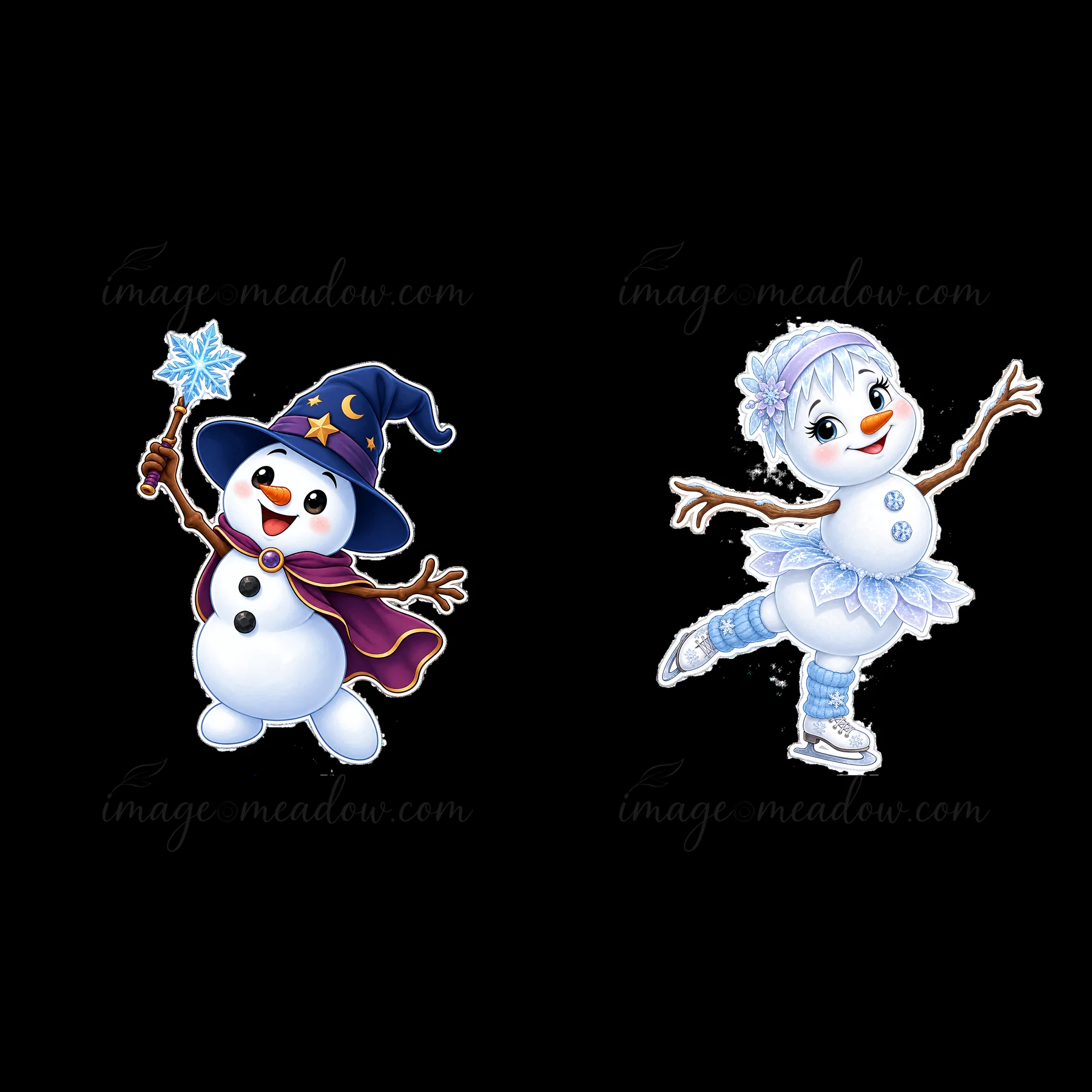 Two cartoon snowmen are shown in winter attire. One wears a wizard hat and holds a snowy wand, while the other is dressed for ice skating. Both have cheerful ex