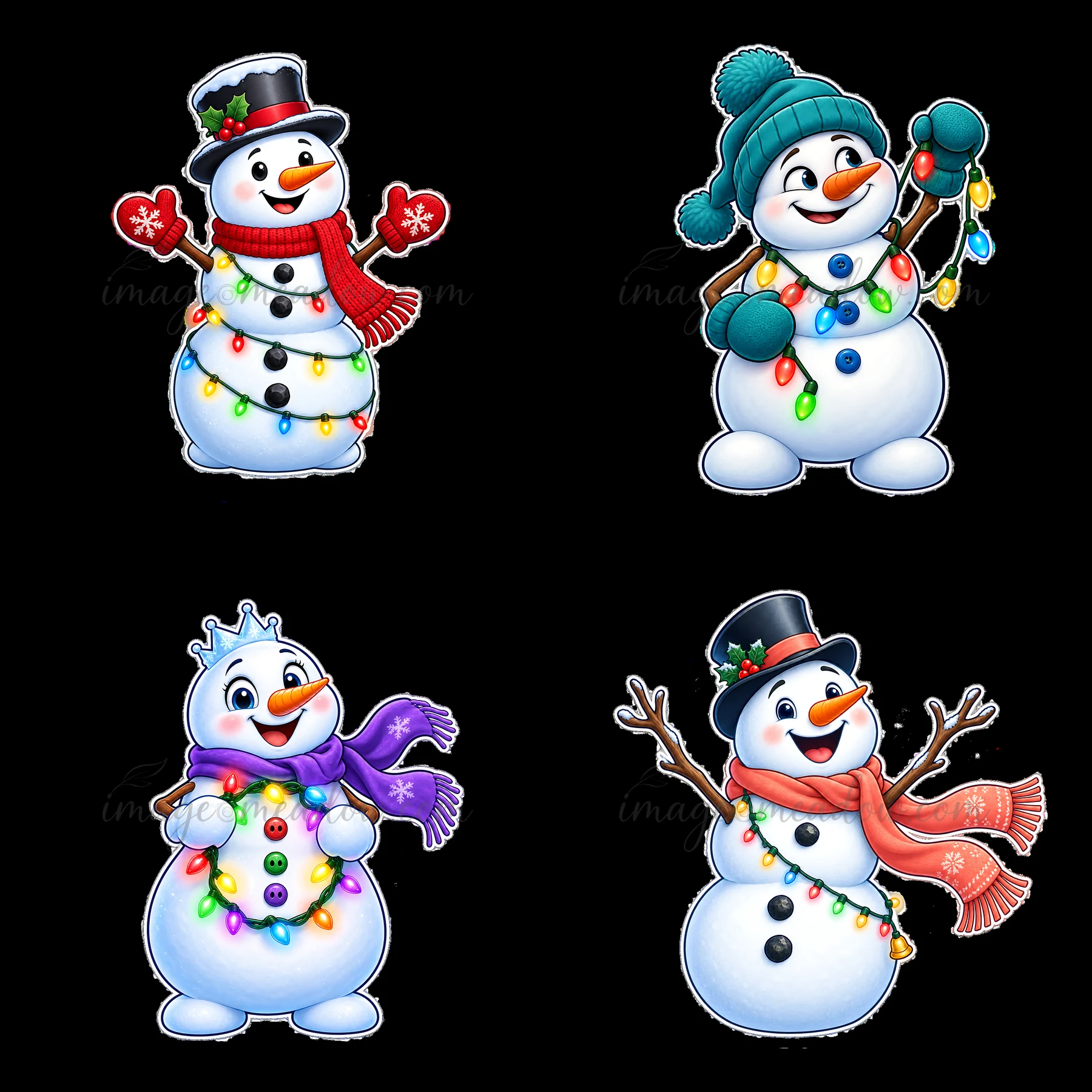 Four cartoon snowmen are arranged in a square layout.