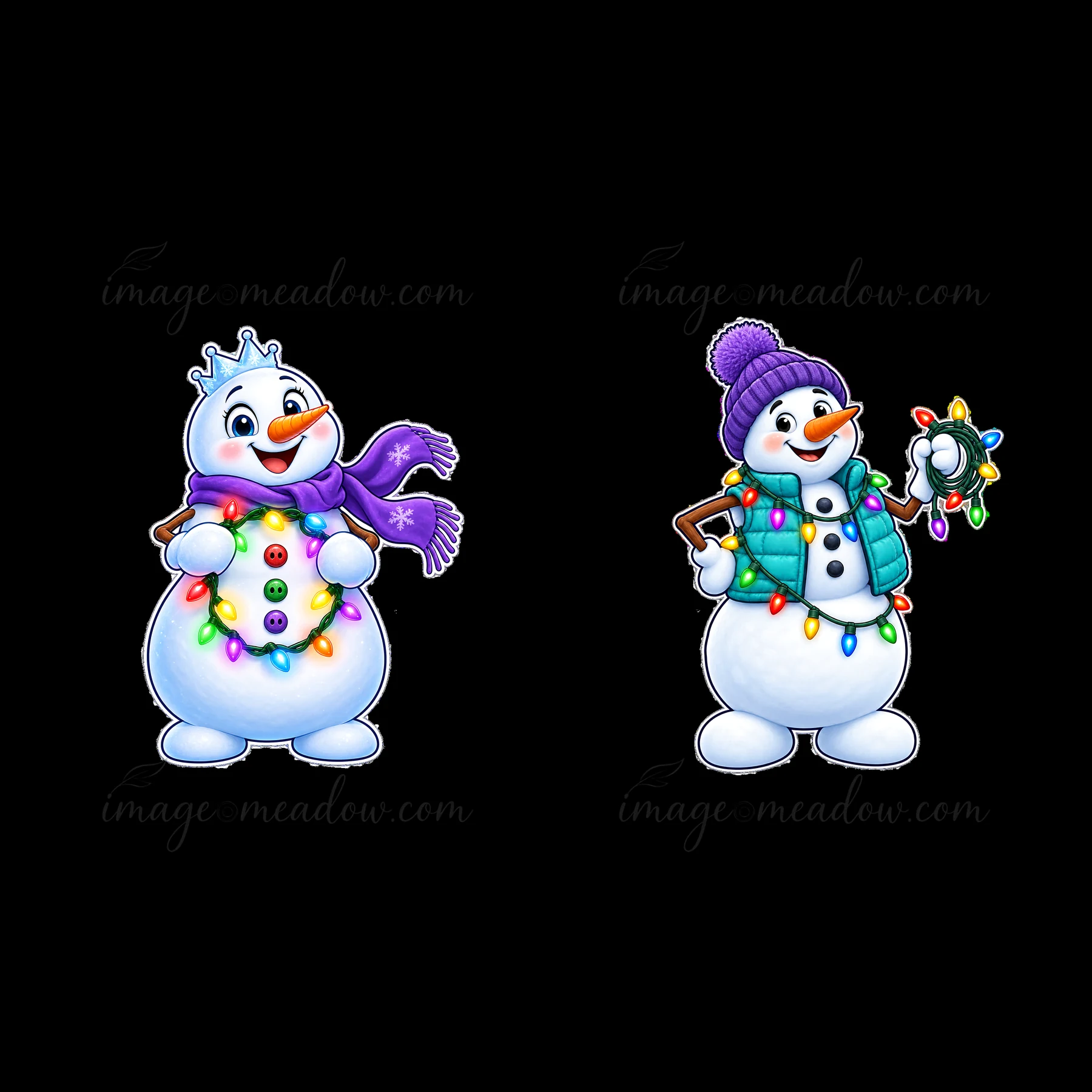 Two snowmen stand side by side, one wearing a crown and colorful lights. The other holds a string of lights while wearing a purple hat and green vest. They refl