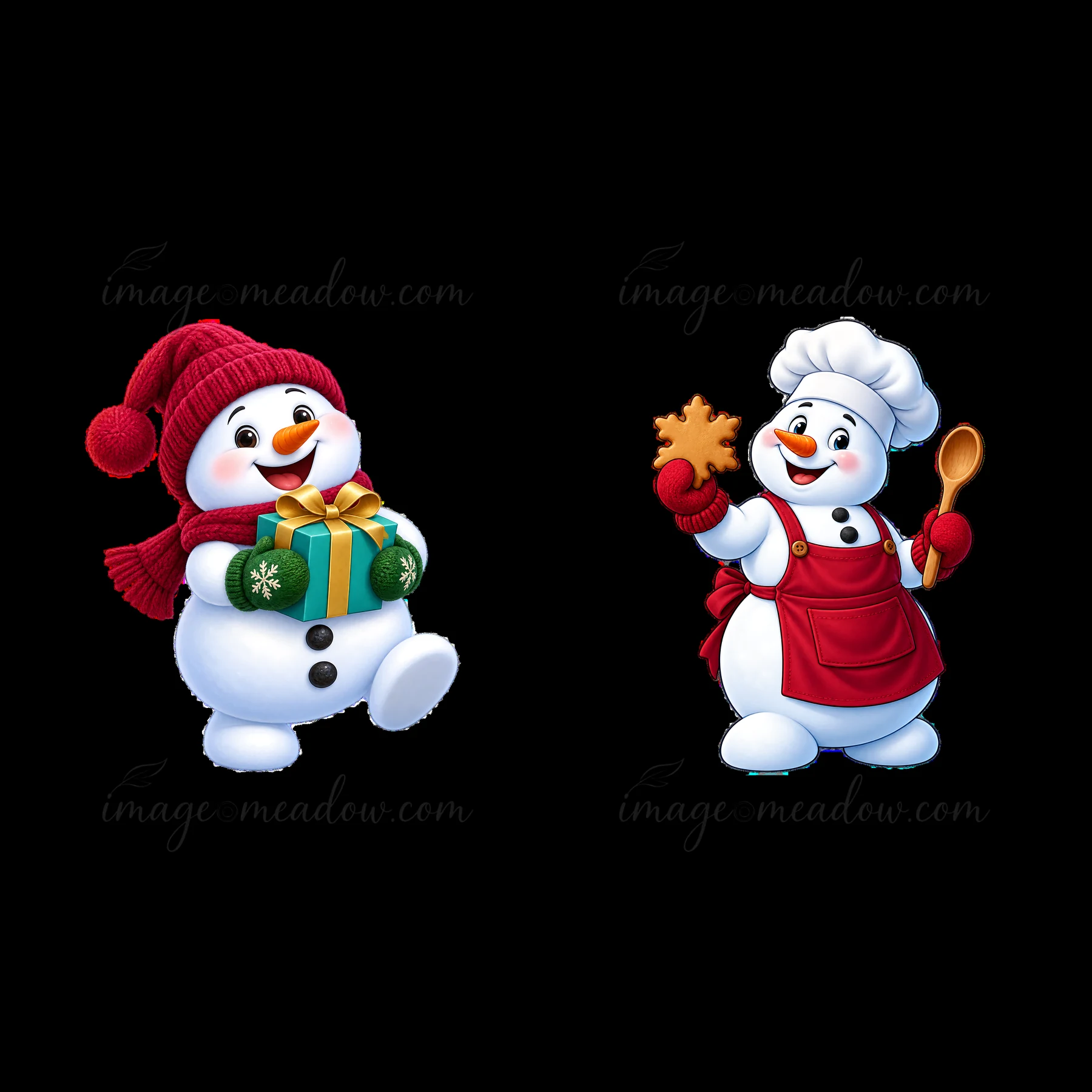 Two cheerful snowmen celebrate Christmas. One snowman carries a green gift in a red hat, while the other wears a chef's hat and apron, holding a cookie cutter i