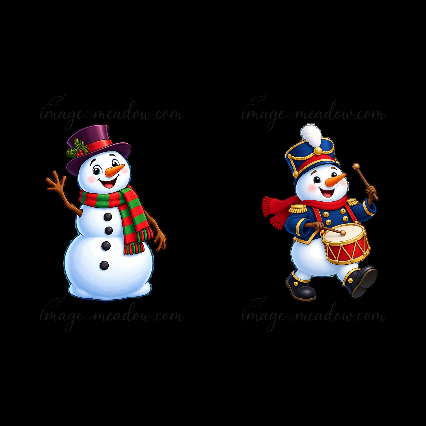 Two cheerful snowmen celebrate Christmas. One wears a green and red scarf with a top hat, waving, while the other wears a blue uniform, playing a drum.