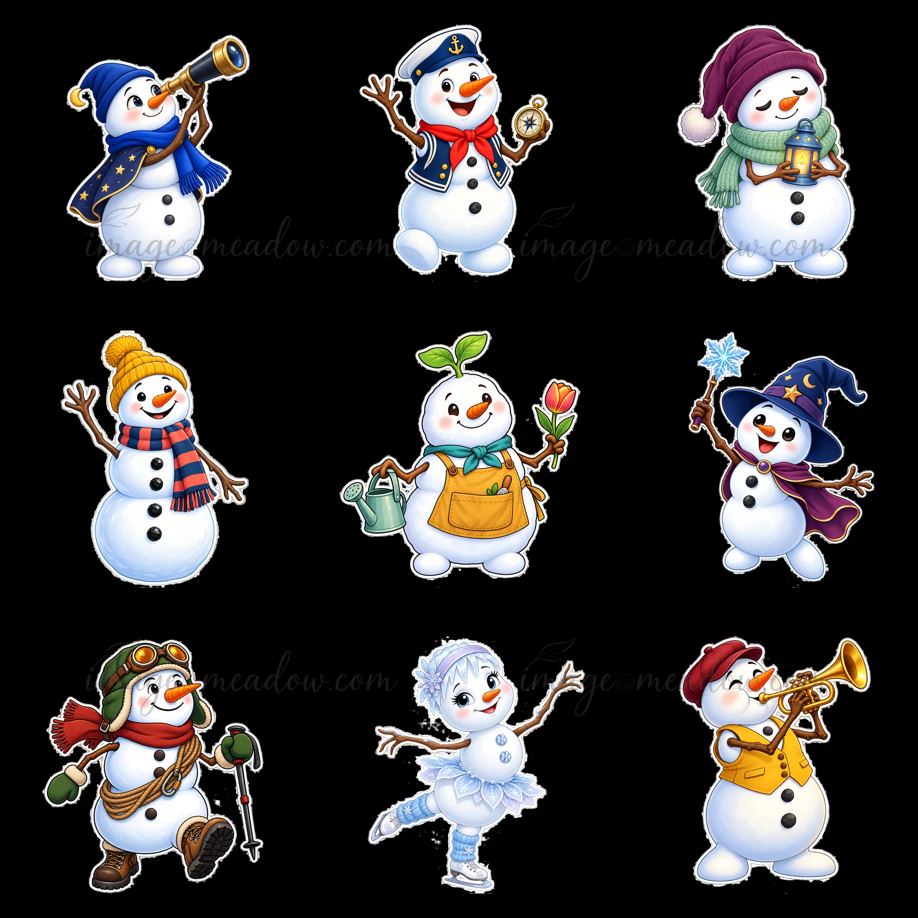 Nine snowmen are shown, each with unique accessories and actions. Activities include looking through a telescope, gardening, music playing, and ice skating. The