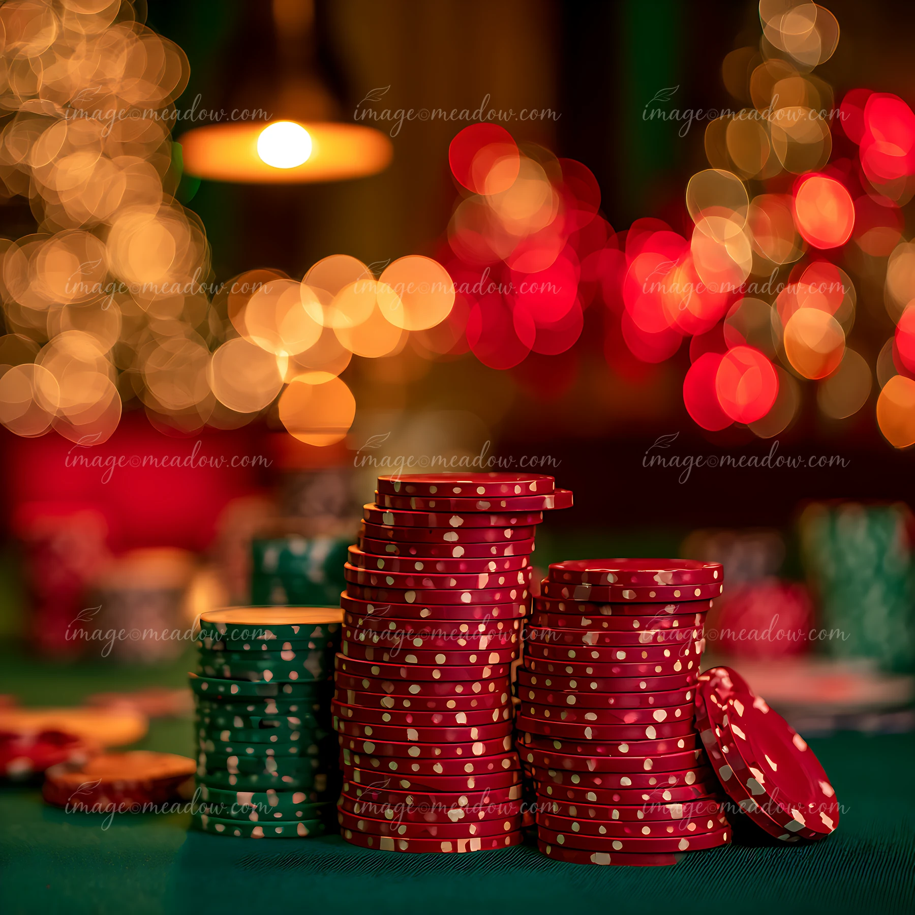 Stacks of red and green casino chips are arranged neatly on a table surrounded by bright holiday lights.