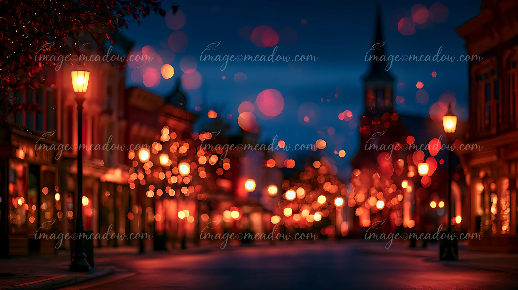 Street lights illuminate a charming street as the night falls, creating a warm and inviting atmosphere amidst the dark blue sky.