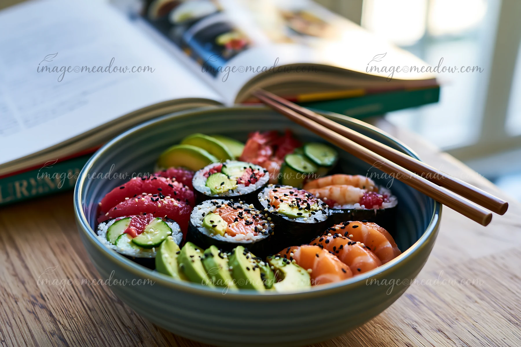 Sushi with chopsticks resting on a bowl sits on a wooden table next to an open cookbook displaying various recipes.
