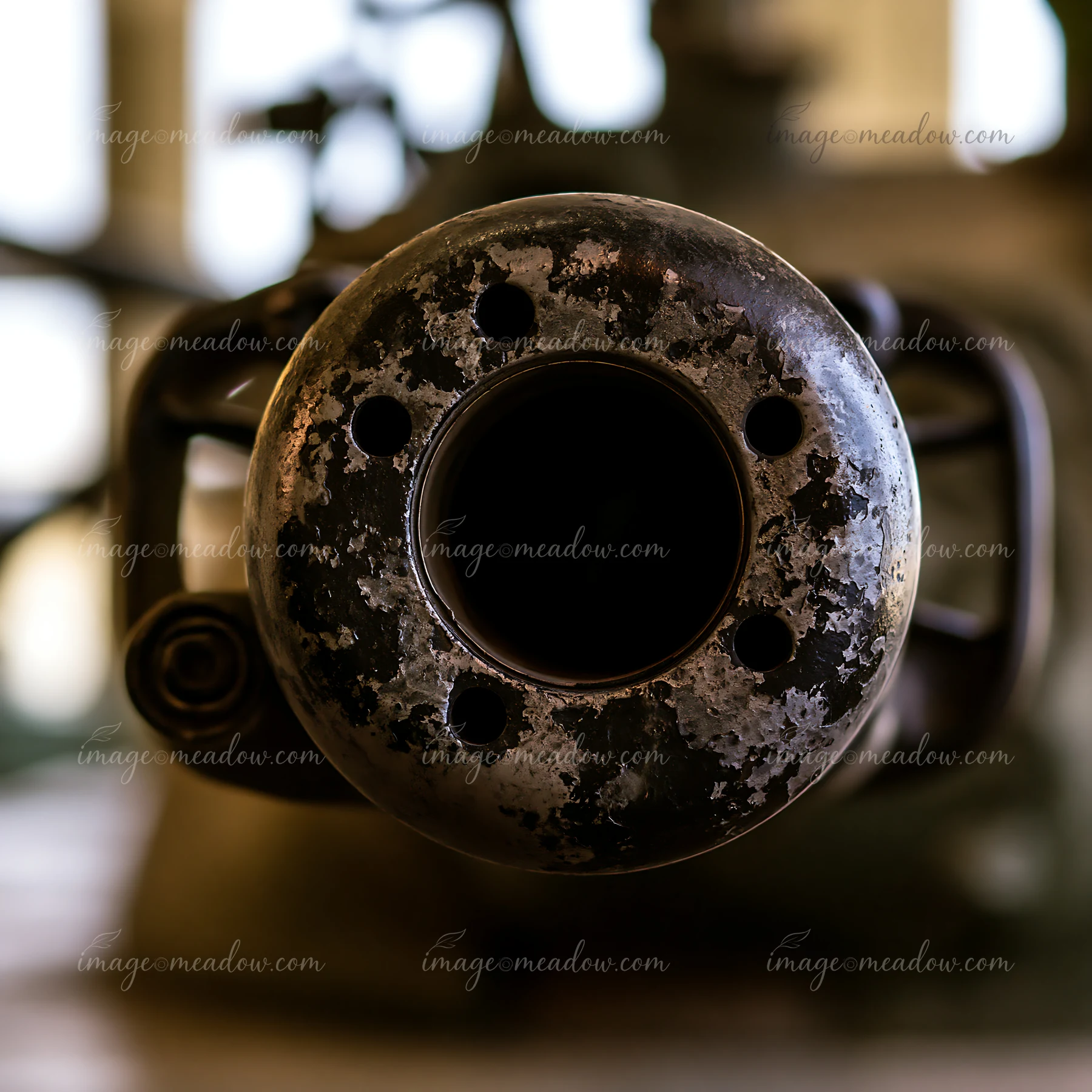 The close-up view displays a panzer tank gun barrel detail showcasing rust and wear patterns.