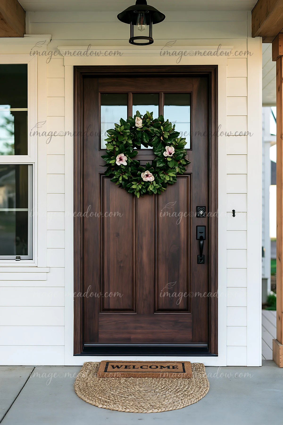 The modern entrance door features a wreath and a welcome mat.