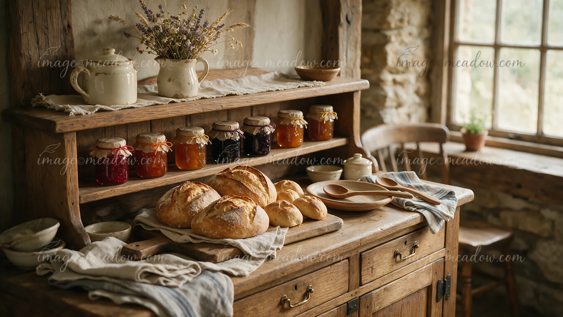 The rustic farmhouse buffet features loaves of fresh bread arranged on a wooden table, alongside jars of homemade preserves and ceramics, set in a cozy kitchen