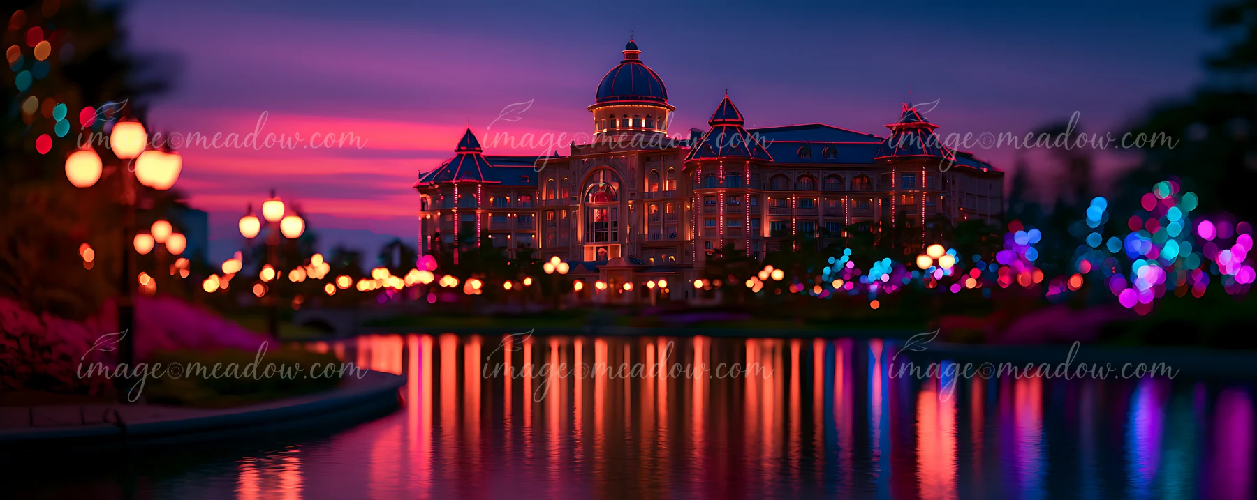 The scene shows a grand building by the water as colorful lights illuminate the surroundings at twilight.