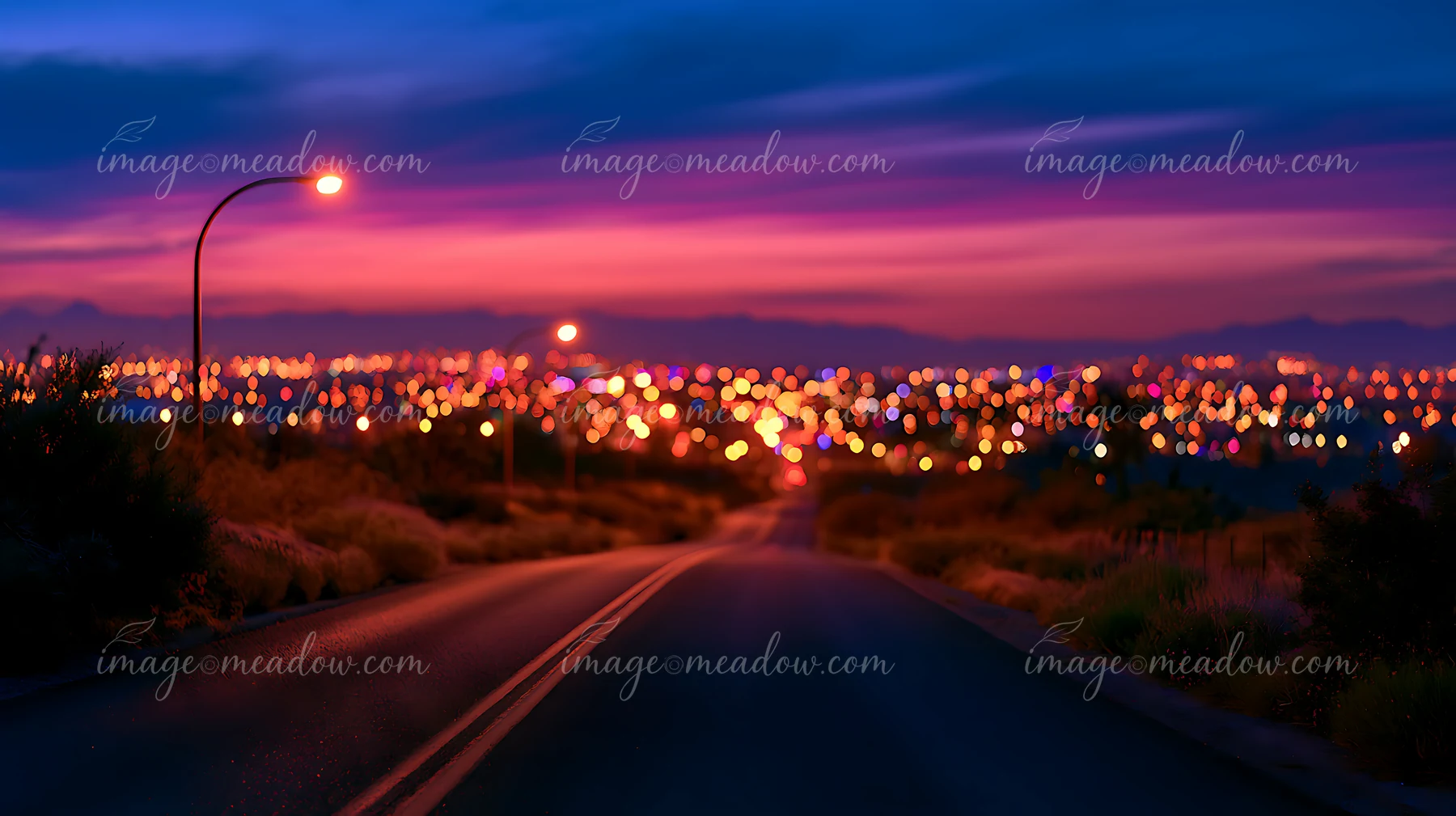 The scene shows a winding road leading to a city illuminated by colorful lights at dusk, with a colorful sky transitioning from day to night.