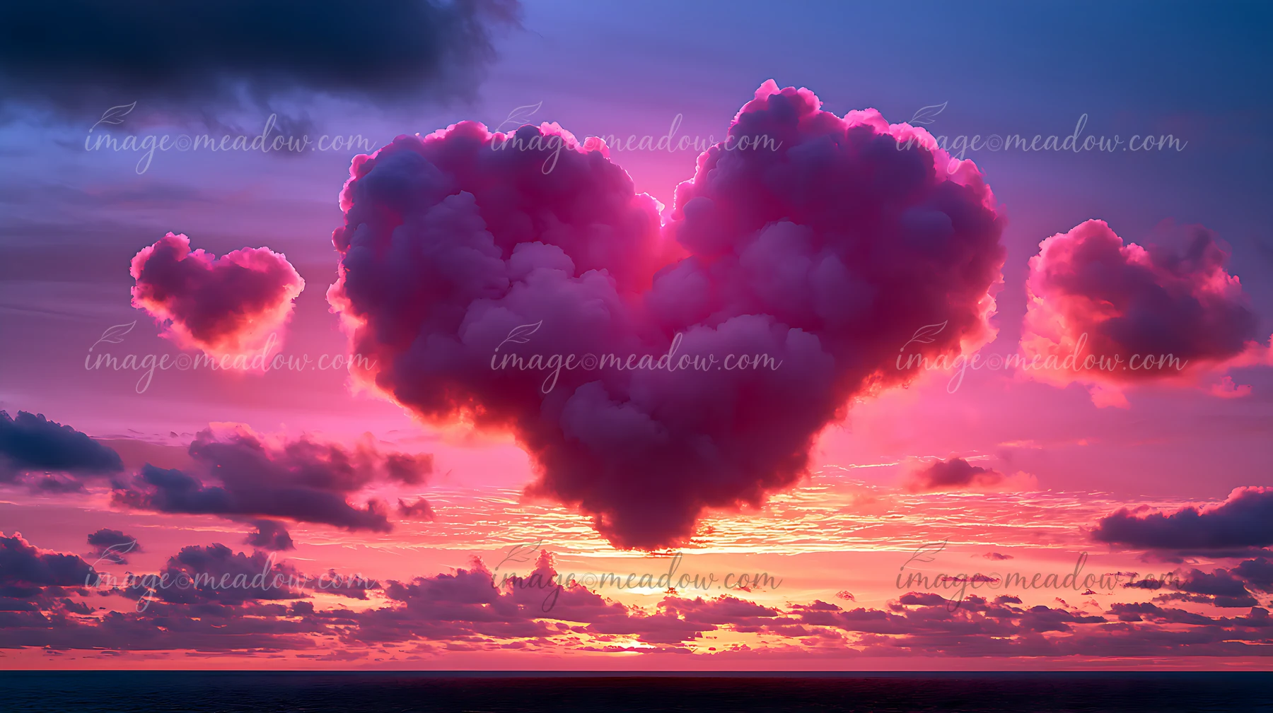The scene shows heart-shaped clouds during a vibrant sunset.